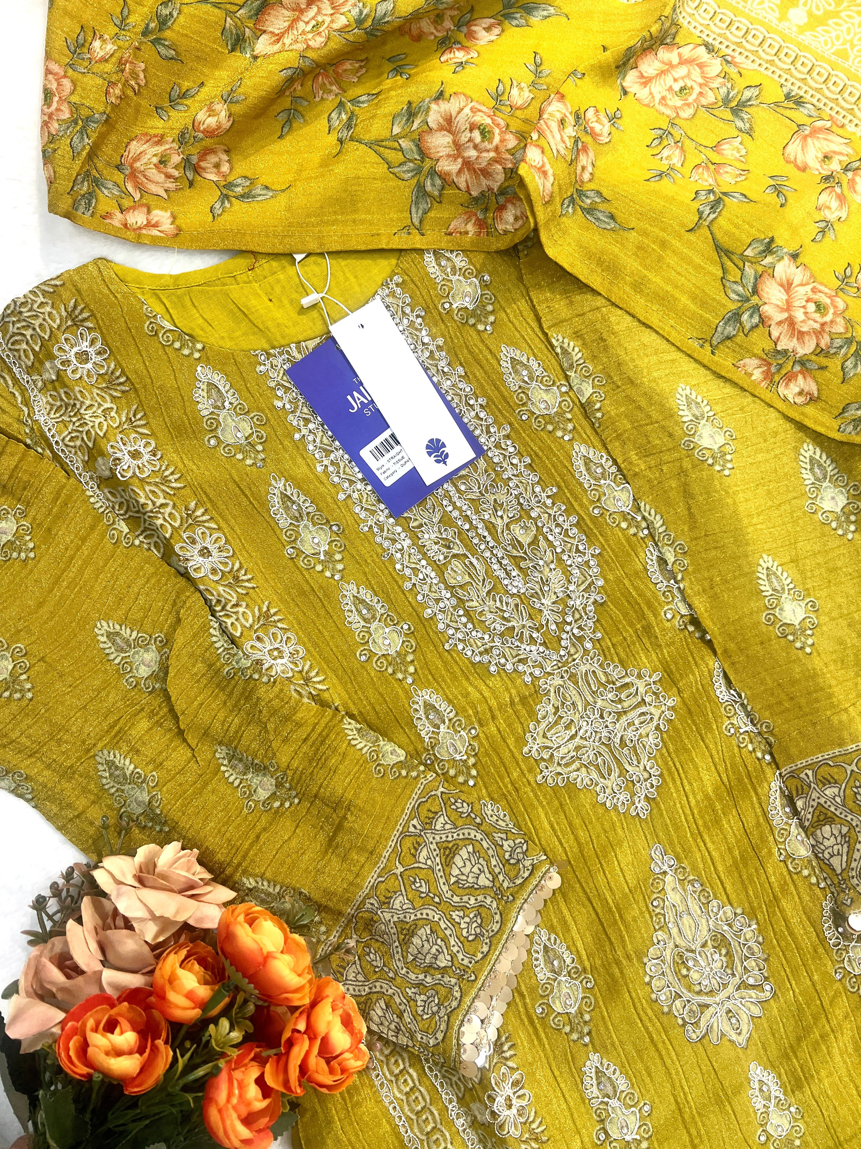 Nida Asymmetric Shimmer Tissue  Embroidered Pant Set