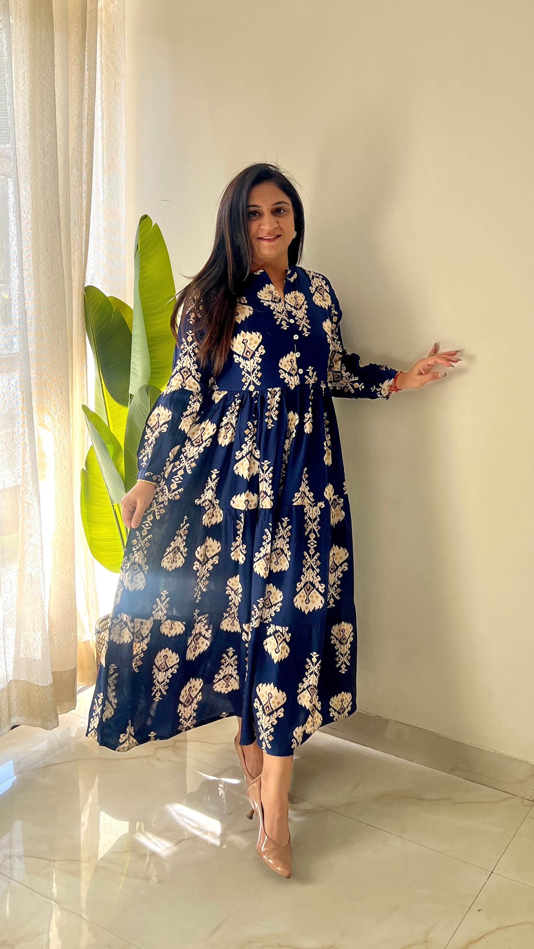 Sarfa Blue Crystal Muslin Casual Long Dress