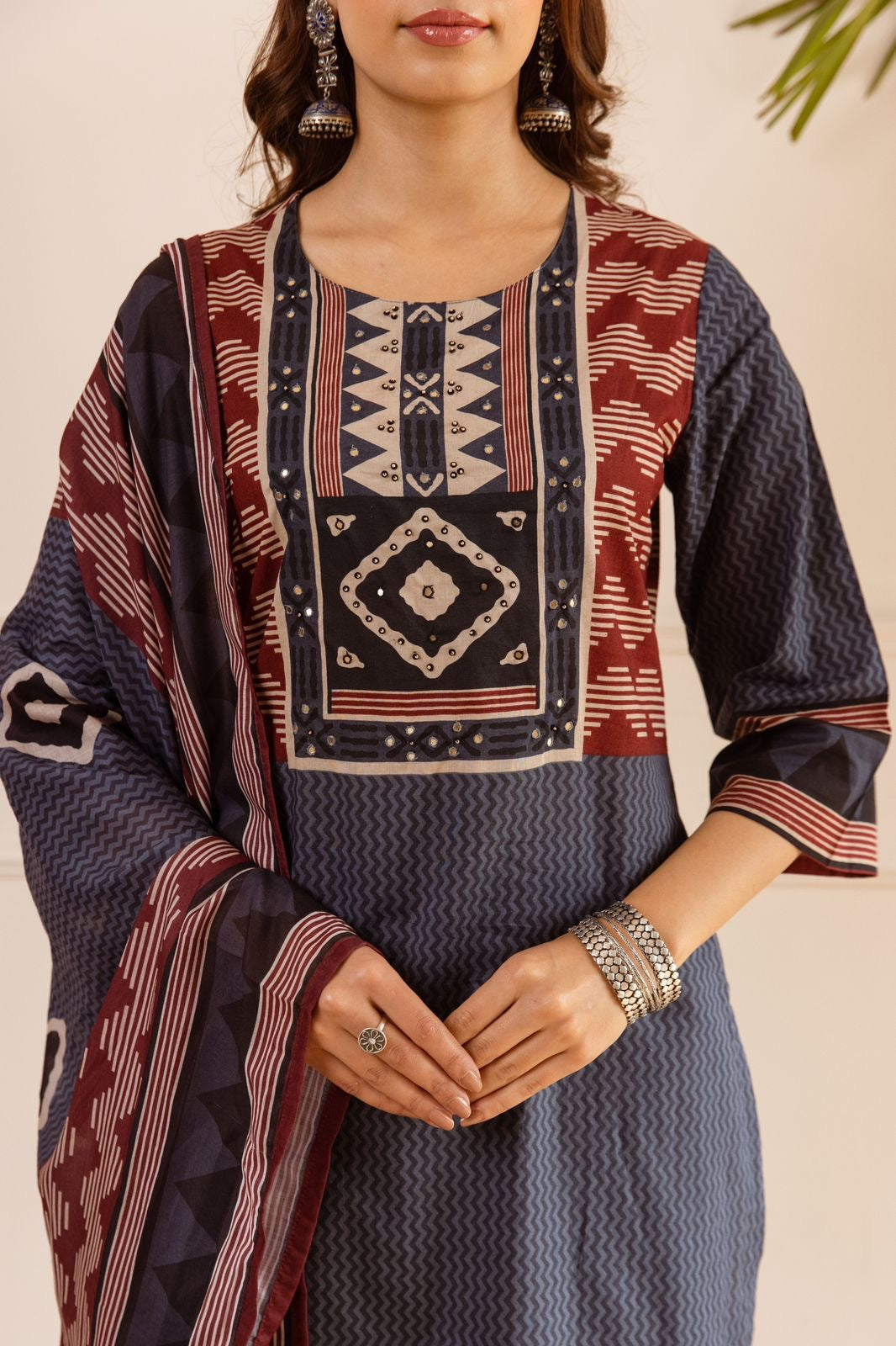 Gehna Blue Cotton Casual Embroidered Dupatta Set