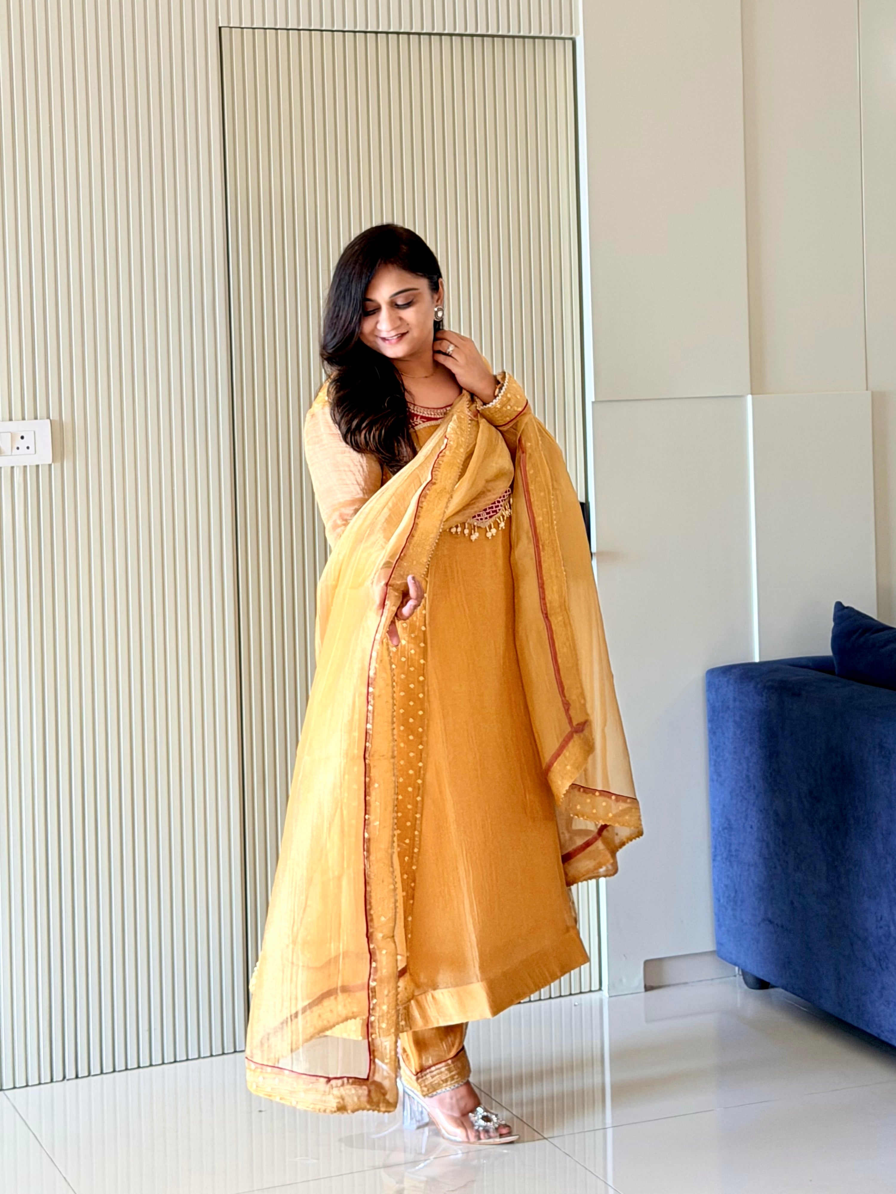 Rehana Yellow Shimmer Tissue Embroidered Anarkali Dupatta Set