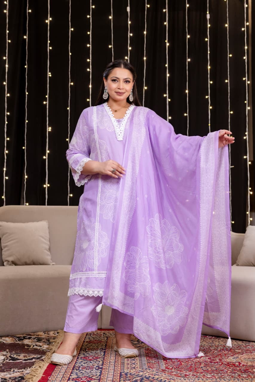 Tuba Lavender Cotton Lace Deatailed Straight Dupatta Set