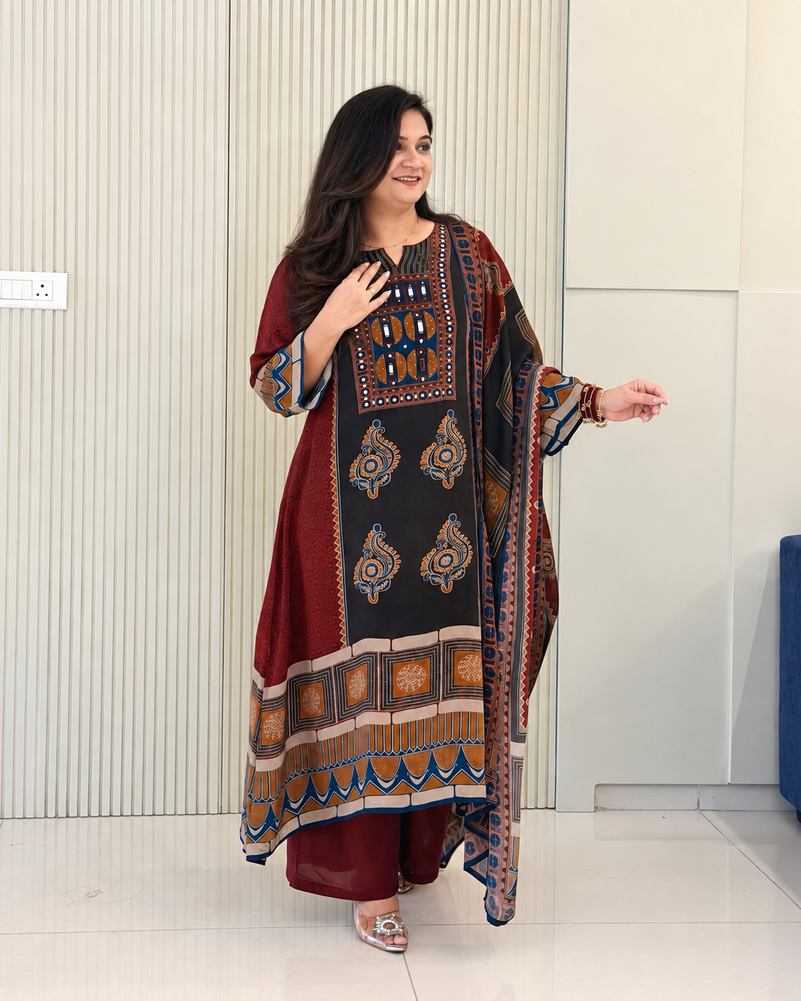 Rusha Maroon Natural Crape Asymmetric HandEmbroidered Dupatta Set