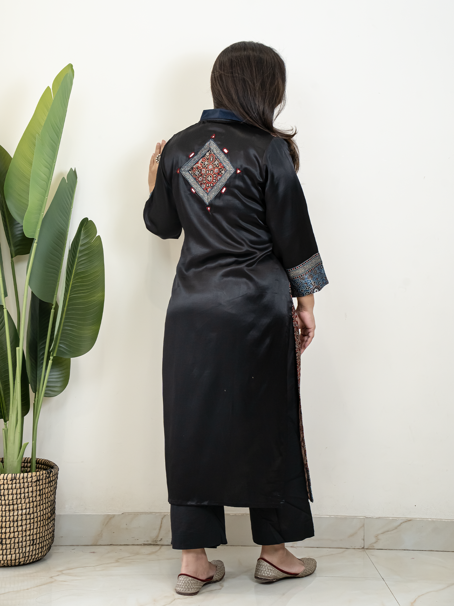 Norah Black Mashru Silk Embroidered Straight Kurta