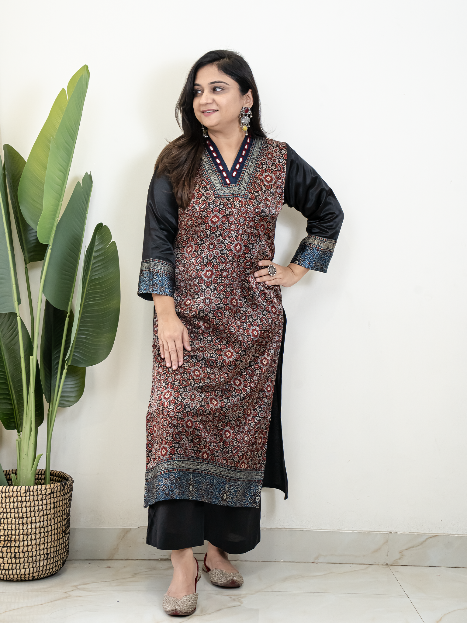 Norah Black Mashru Silk Embroidered Straight Kurta