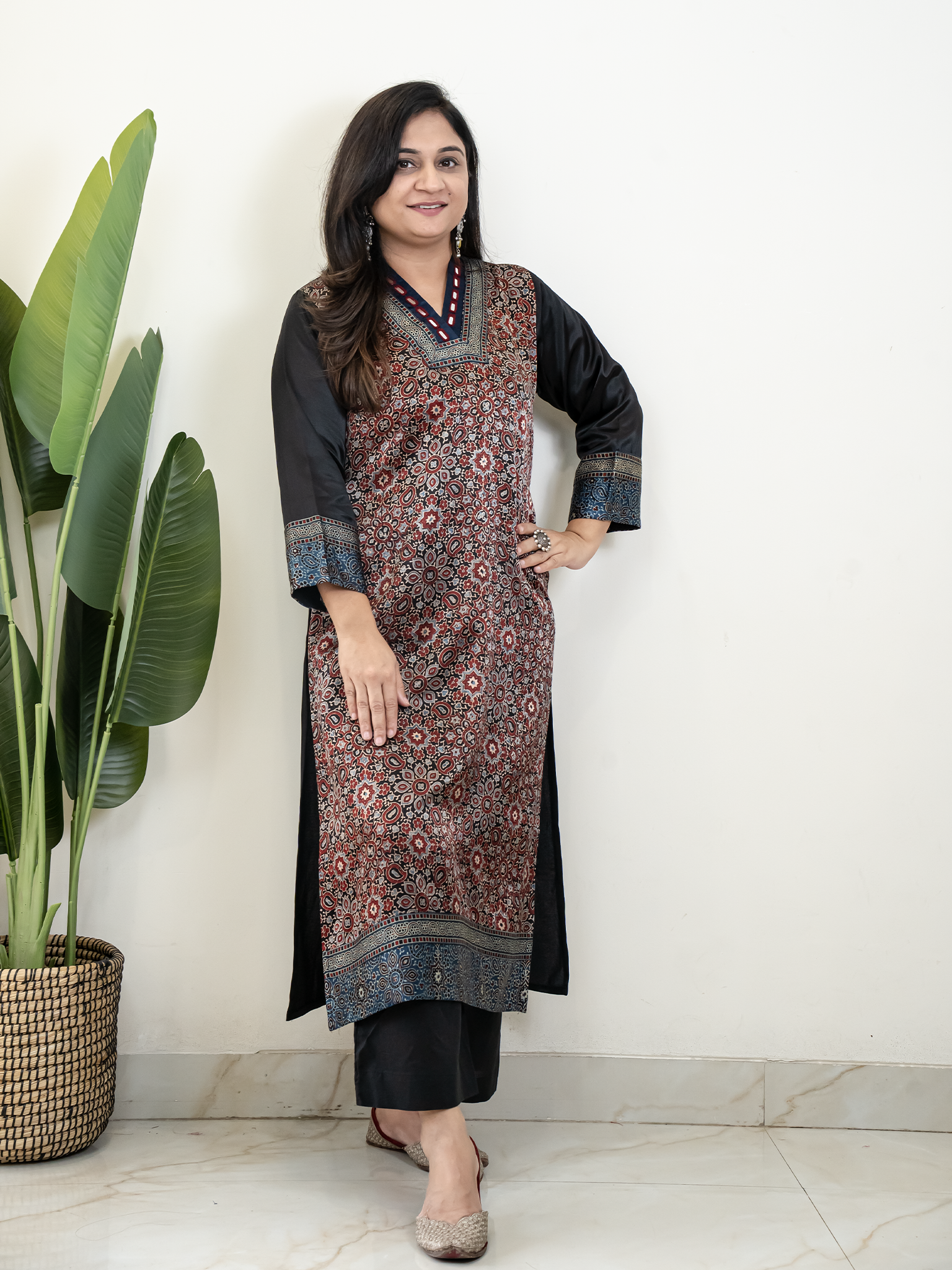 Norah Black Mashru Silk Embroidered Straight Kurta