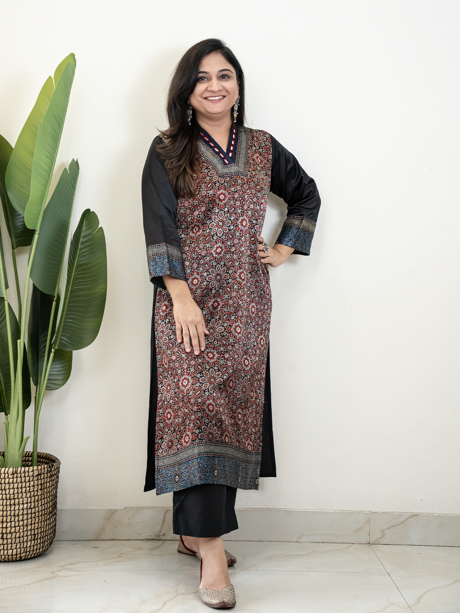 Norah Black Mashru Silk Embroidered Straight Kurta
