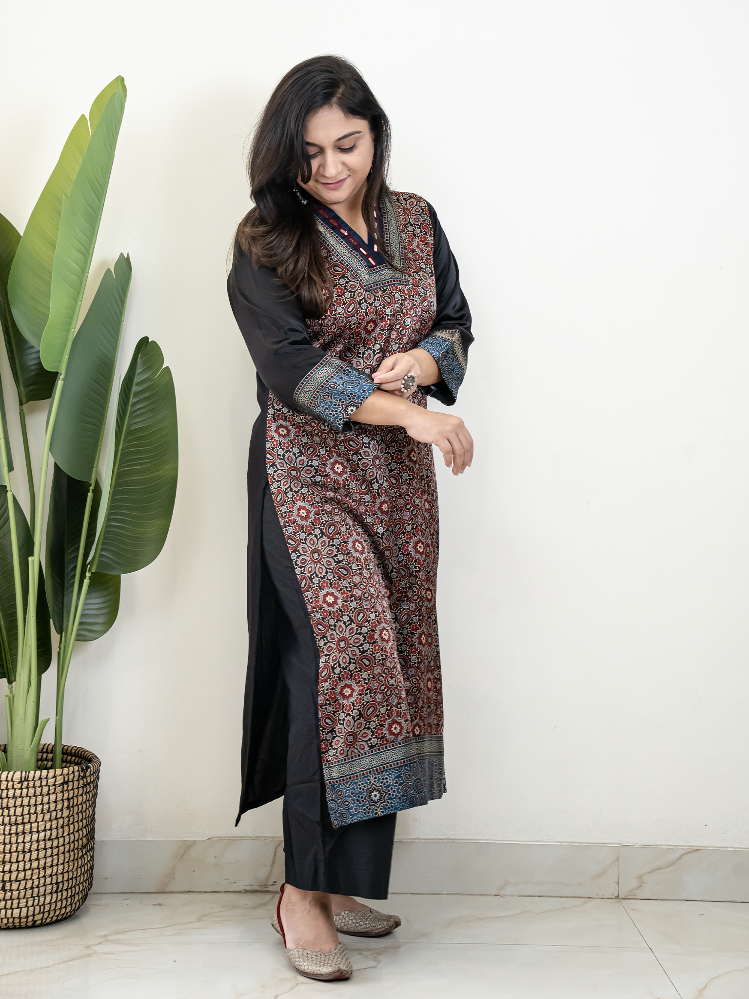 Norah Black Mashru Silk Embroidered Straight Kurta