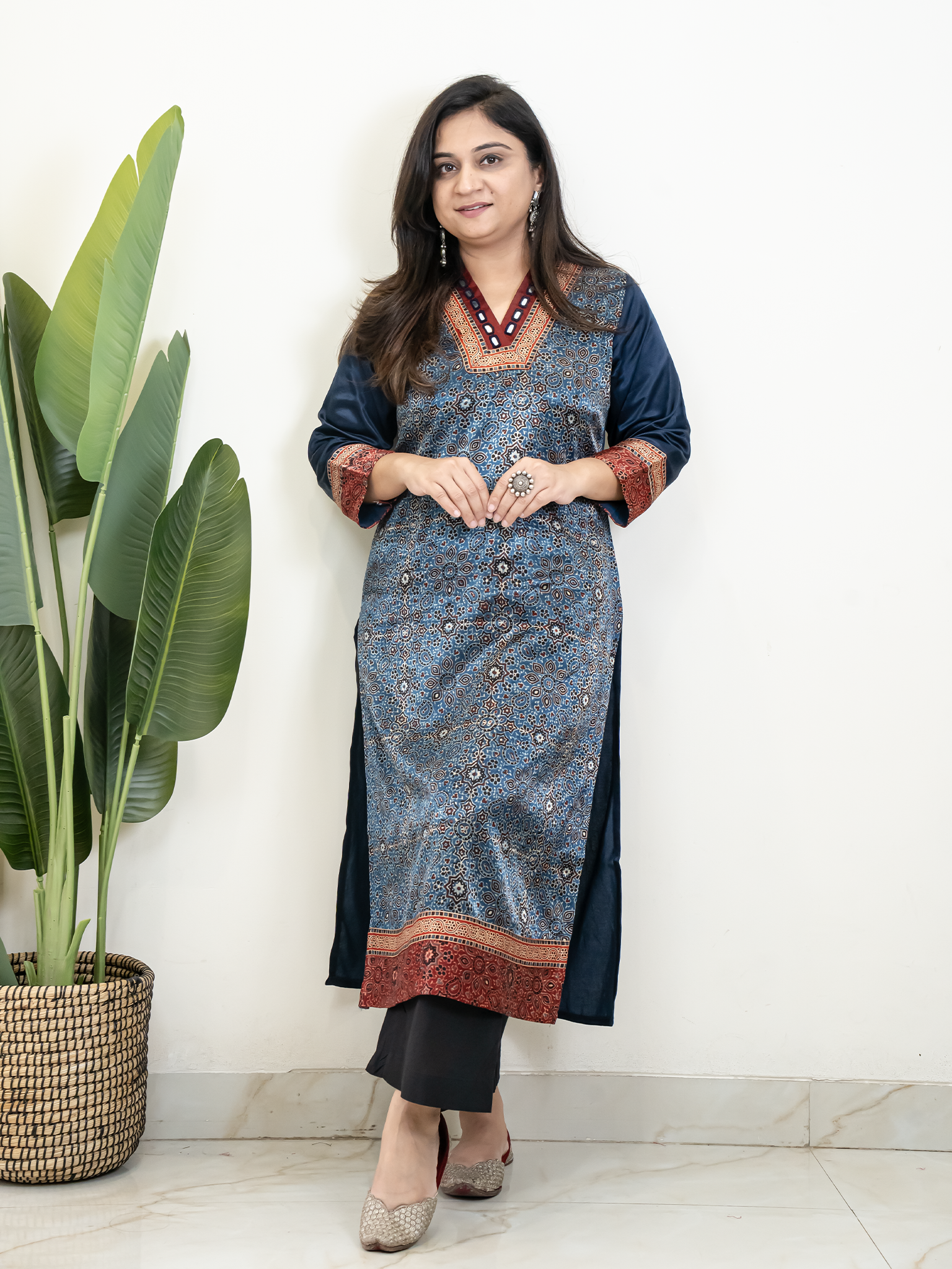 Norah Blue Mashru Silk Embroidered Straight Kurta