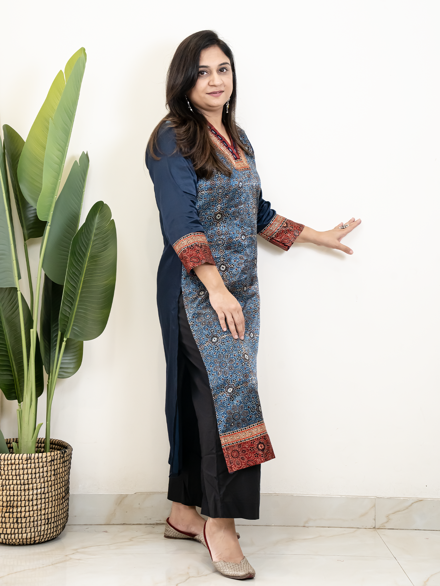 Norah Blue Mashru Silk Embroidered Straight Kurta