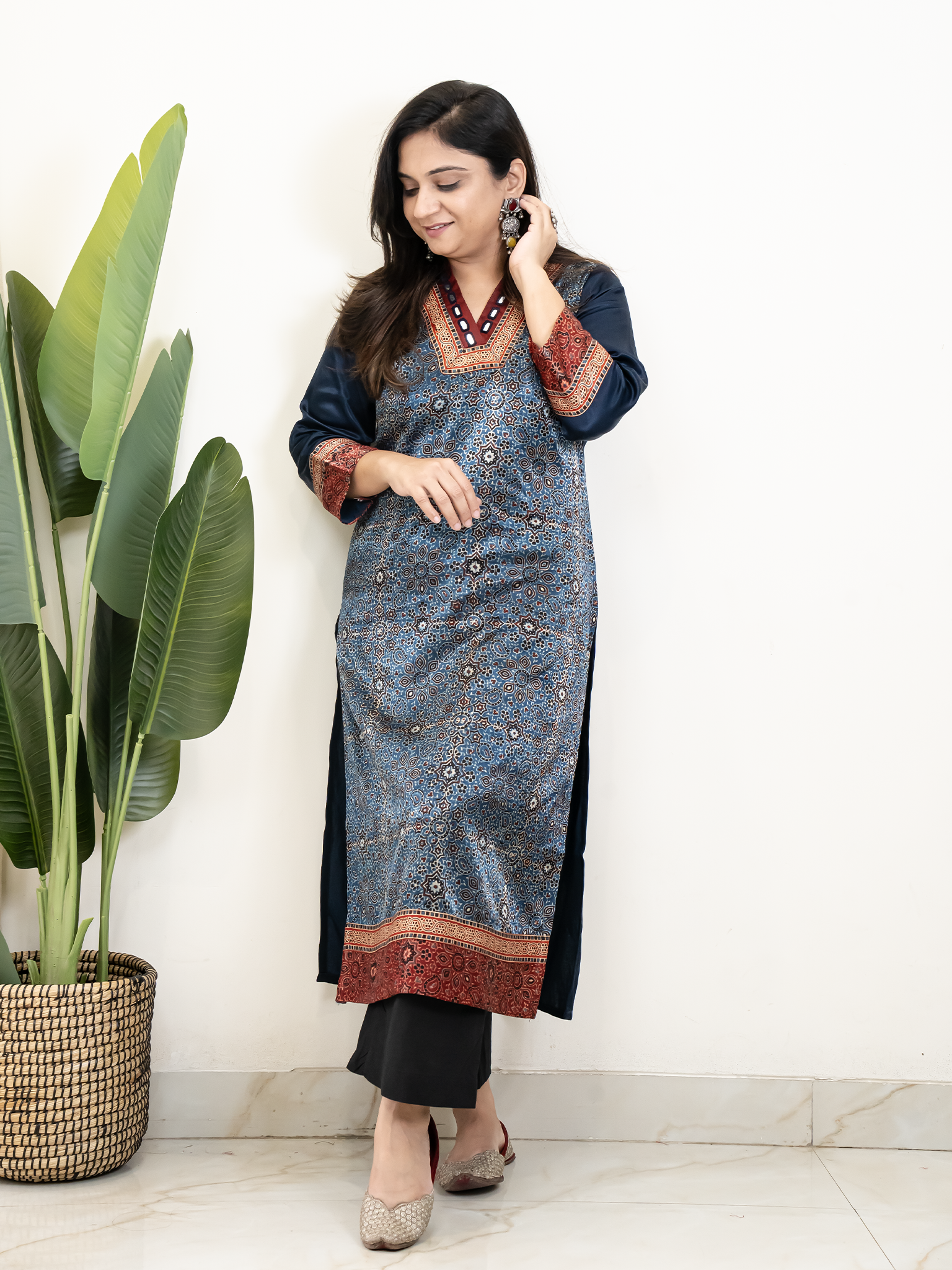 Norah Blue Mashru Silk Embroidered Straight Kurta