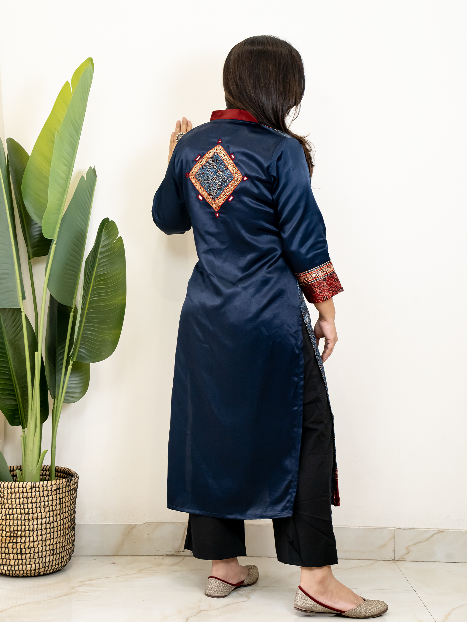 Norah Blue Mashru Silk Embroidered Straight Kurta