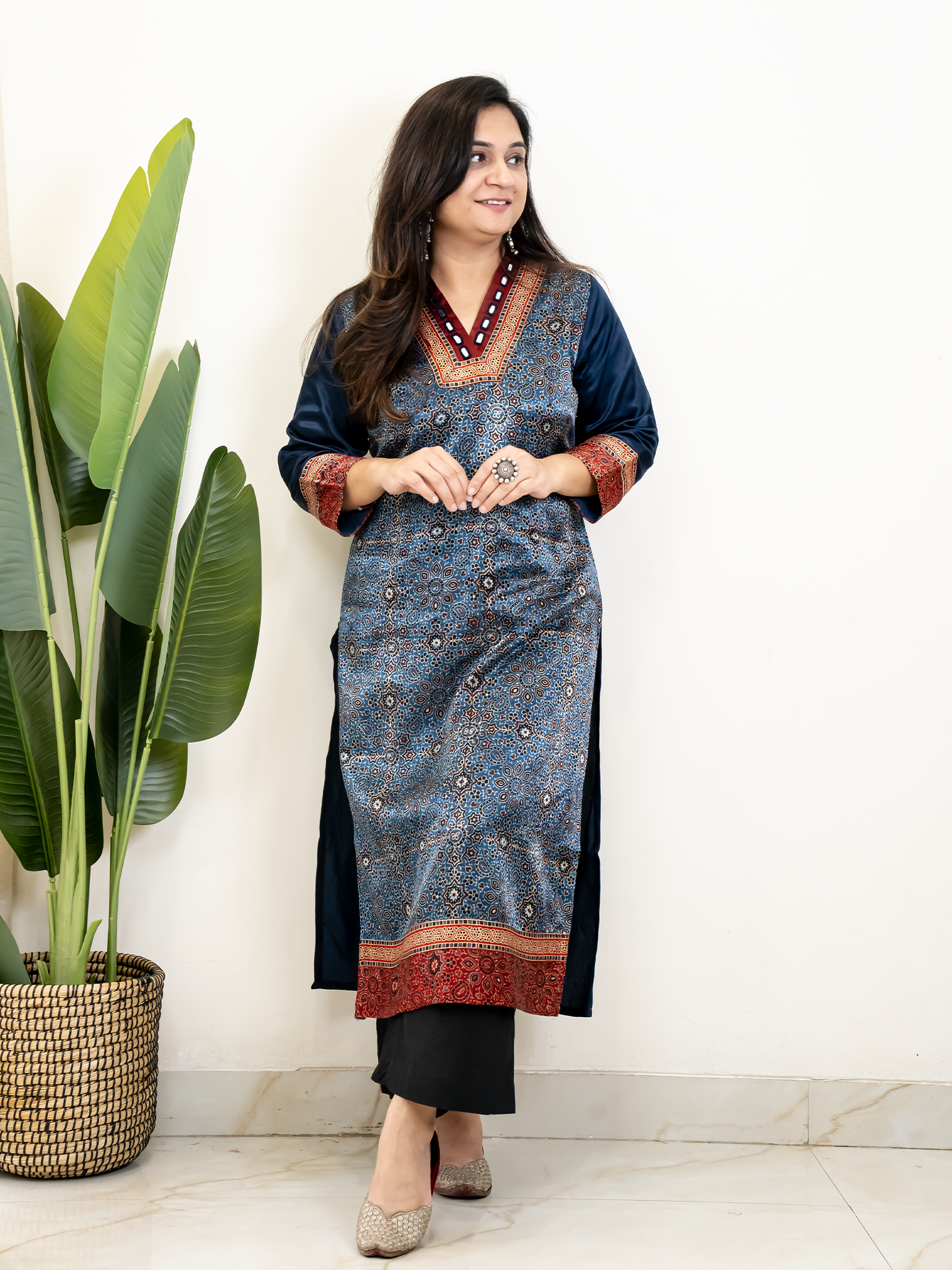 Norah Blue Mashru Silk Embroidered Straight Kurta