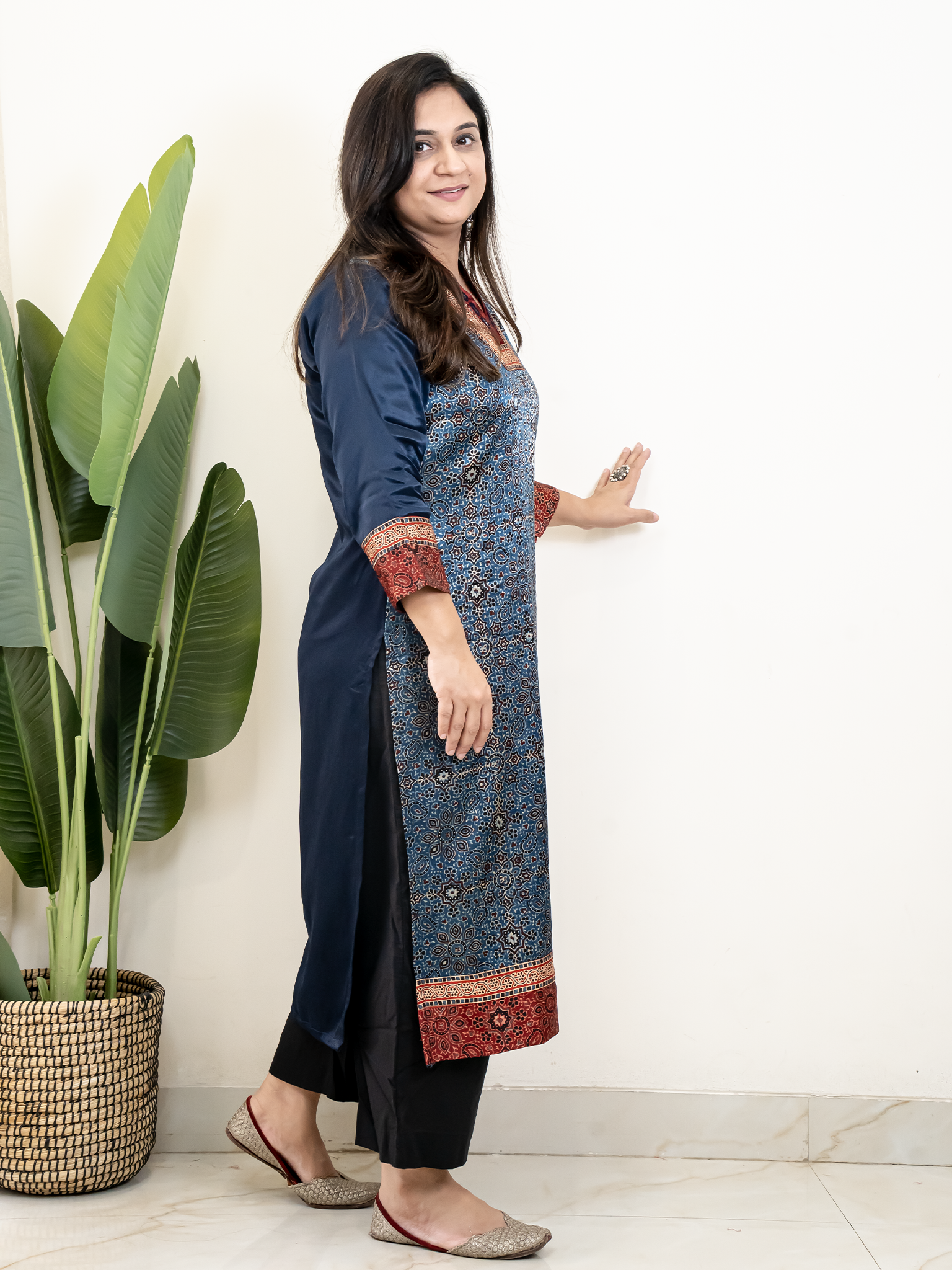 Norah Blue Mashru Silk Embroidered Straight Kurta