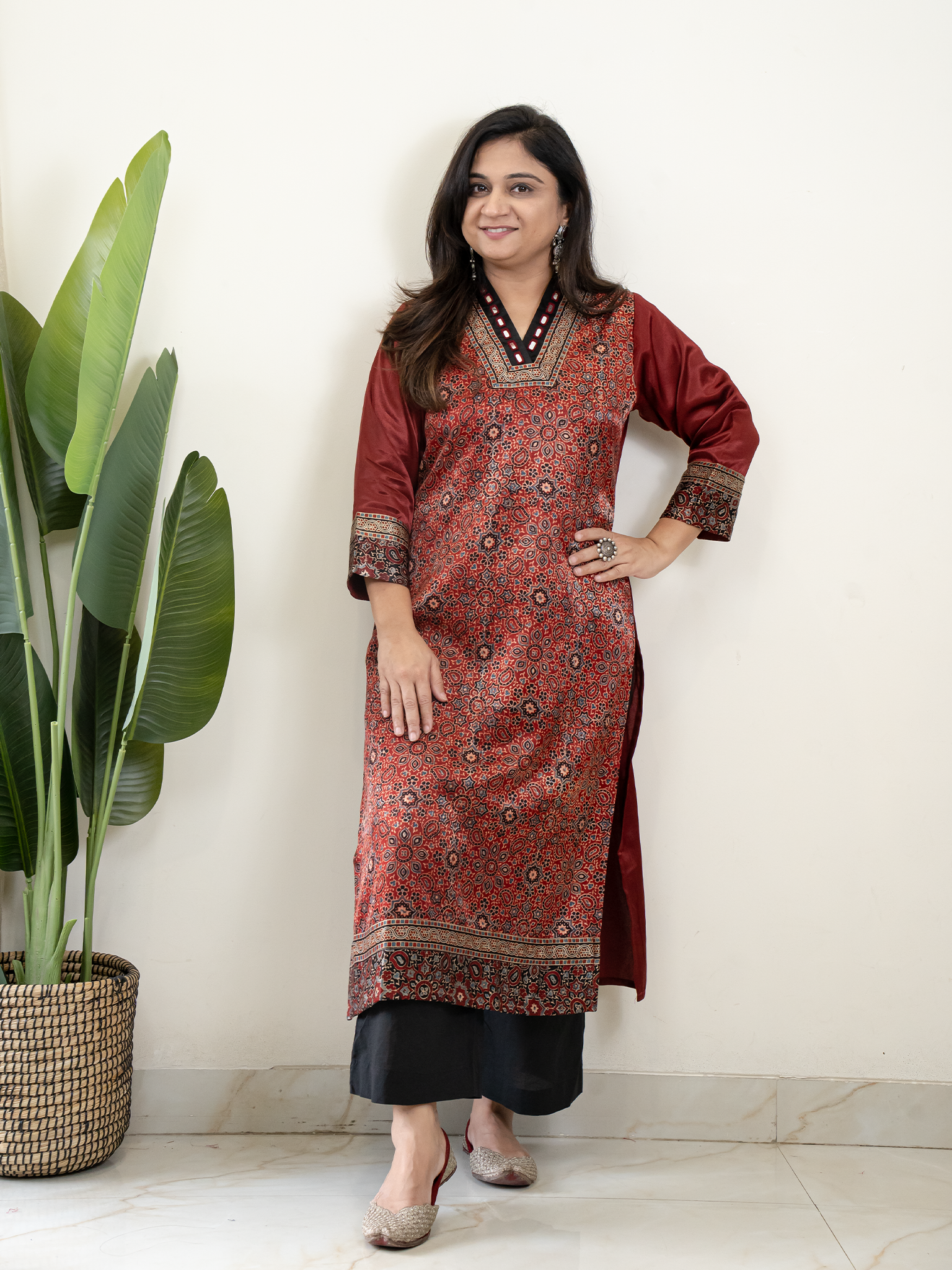 Norah Red Mashru Silk Embroidered Straight Kurta