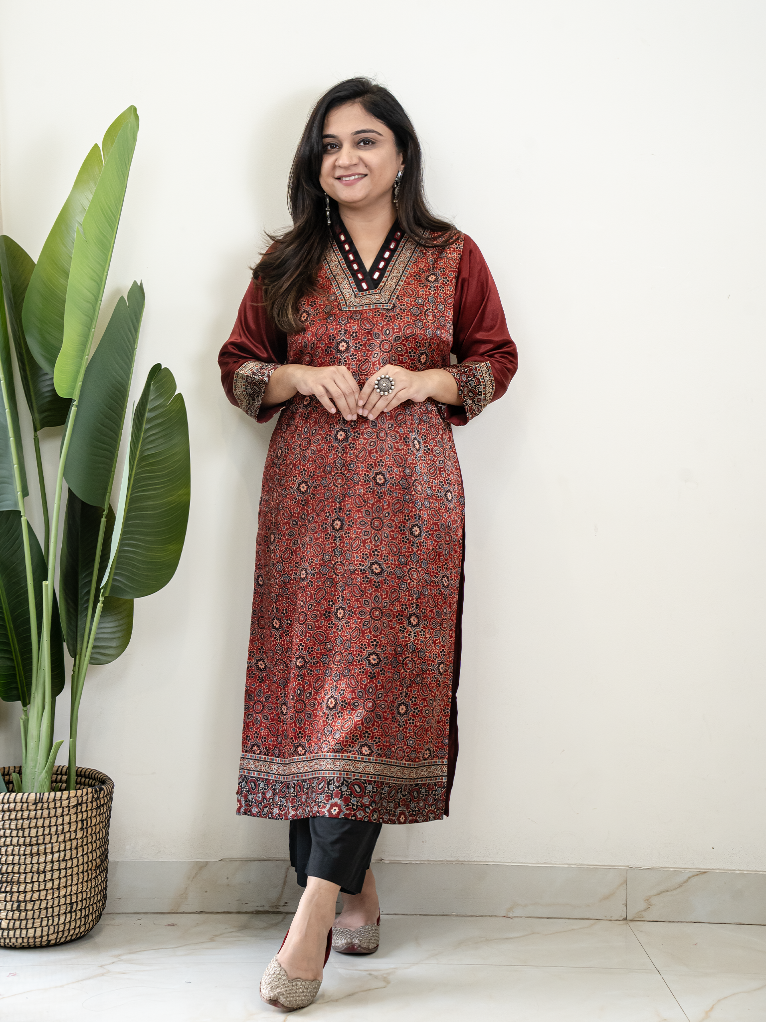 Norah Red Mashru Silk Embroidered Straight Kurta