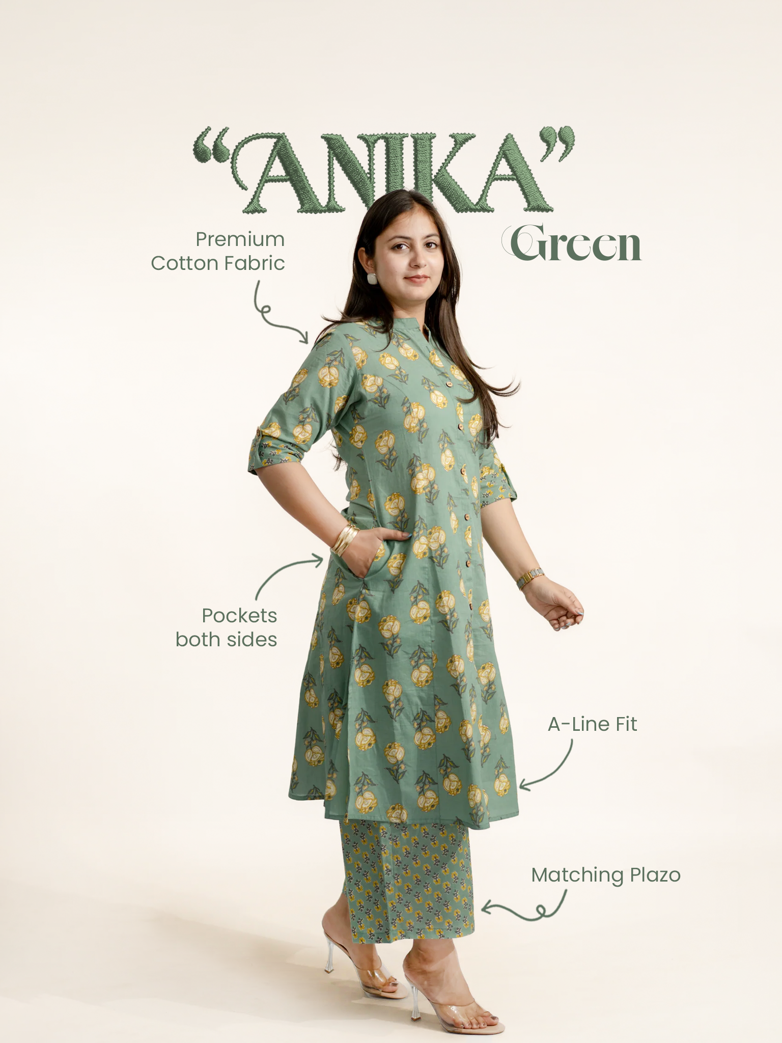 Anika Green Floral A-line Cotton Kurta Set
