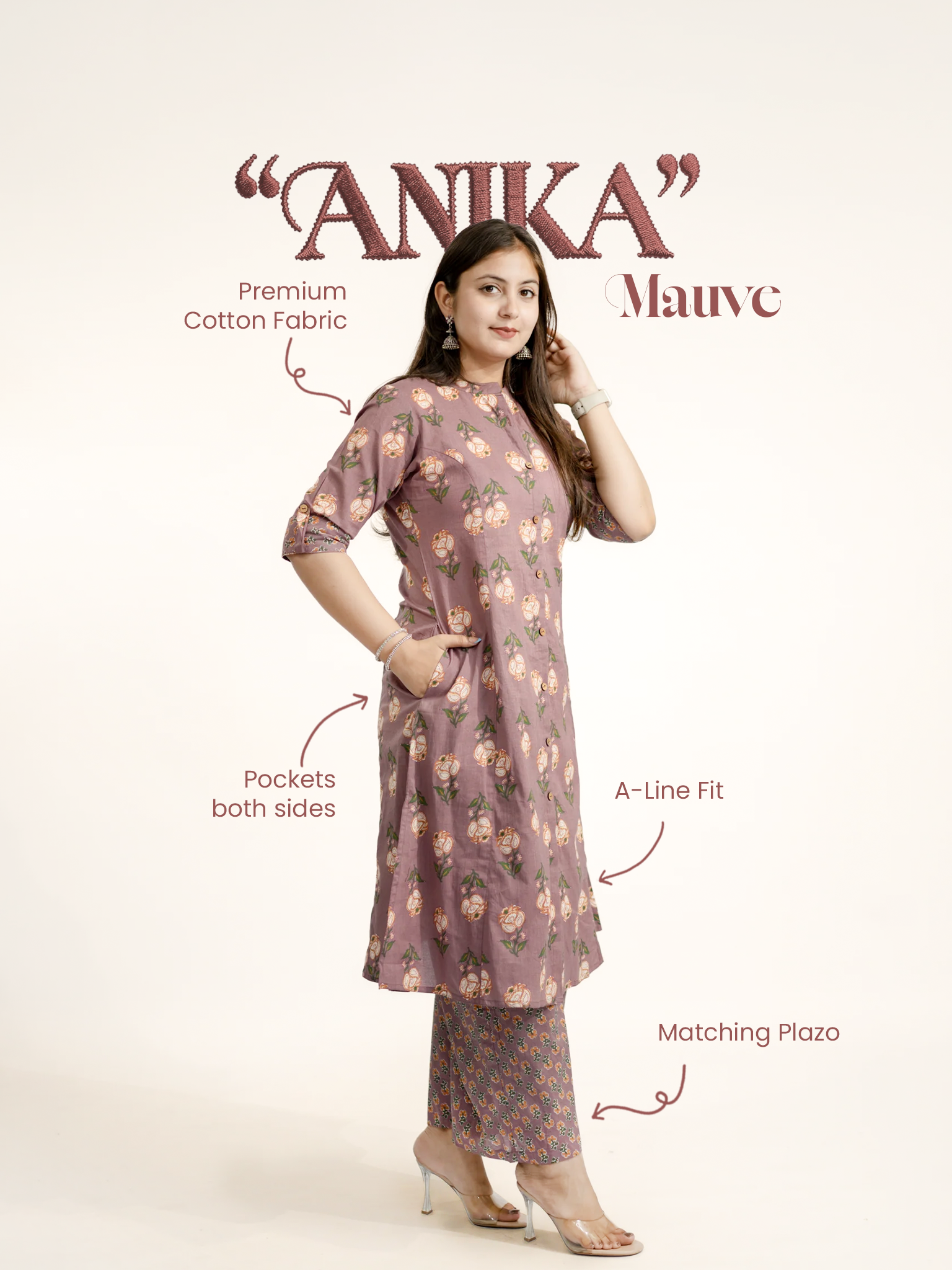 Anika Mauve Floral A-line Cotton Kurta Set
