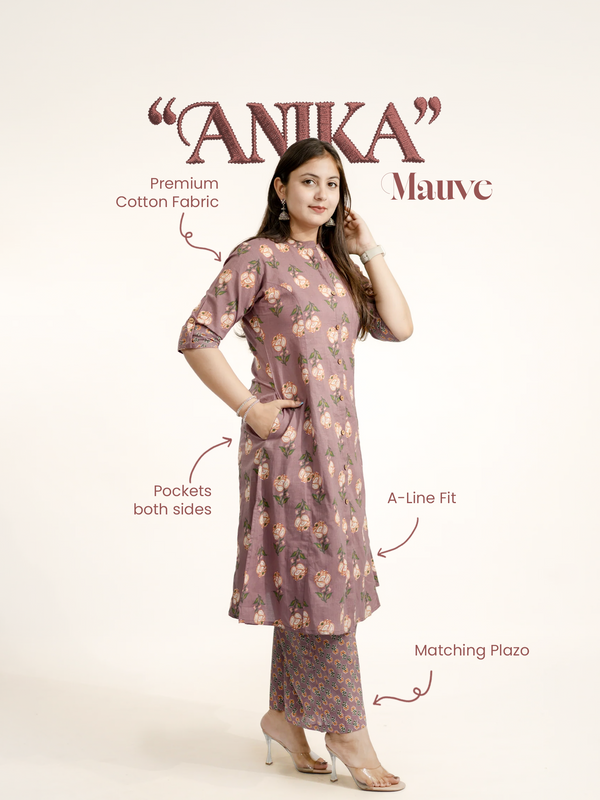 Anika Mauve Floral A-line Cotton Kurta Set