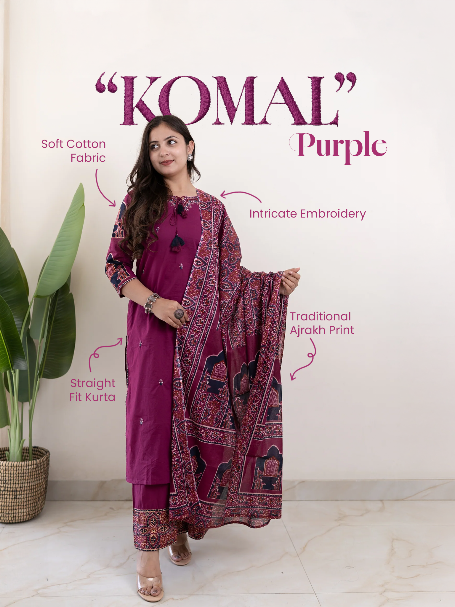 Komal Purple Ajrakh Cotton Embroidered Dupatta set