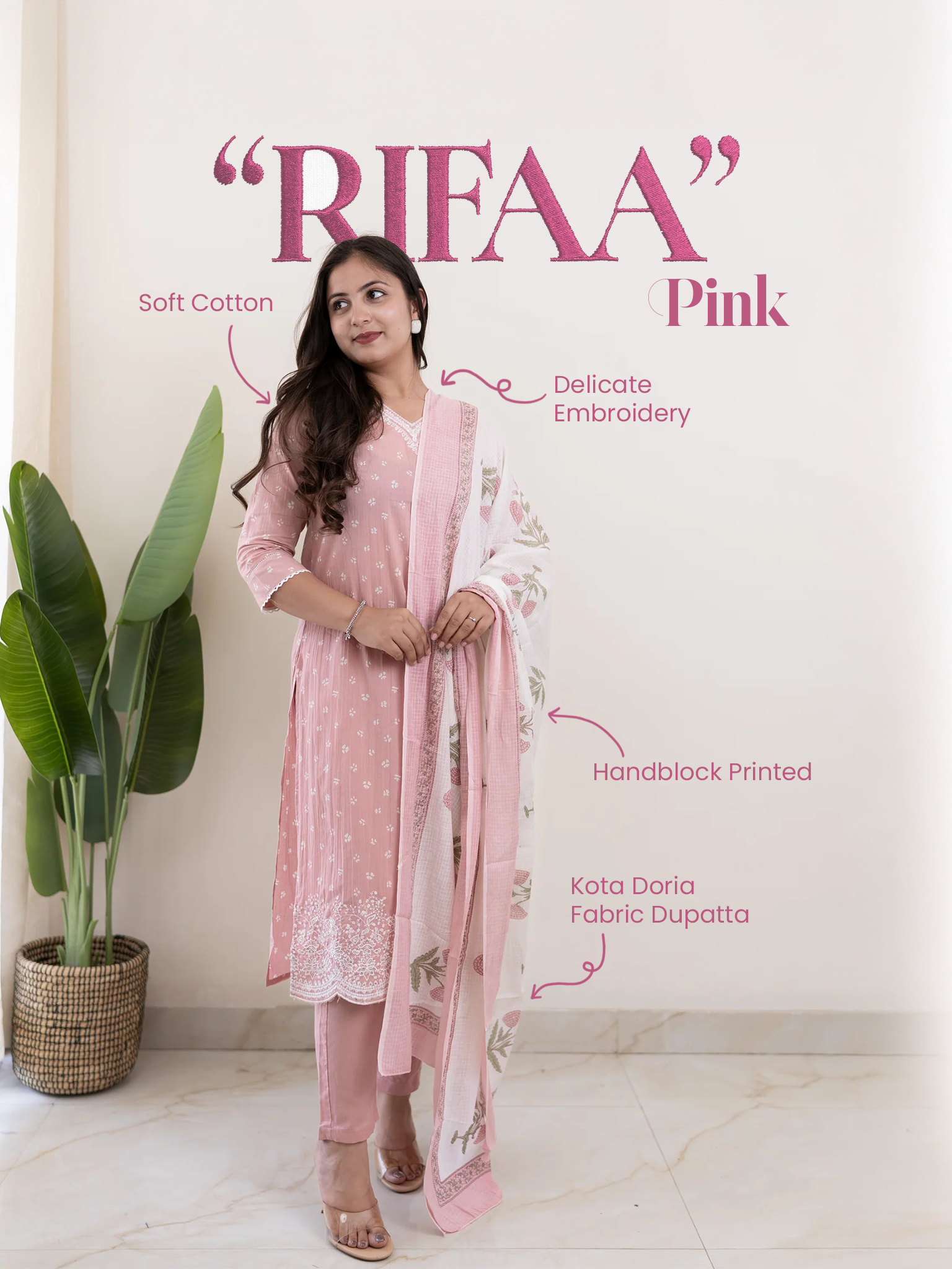 Rifaa pink  Cotton Embroidered Straight Dupatta Set