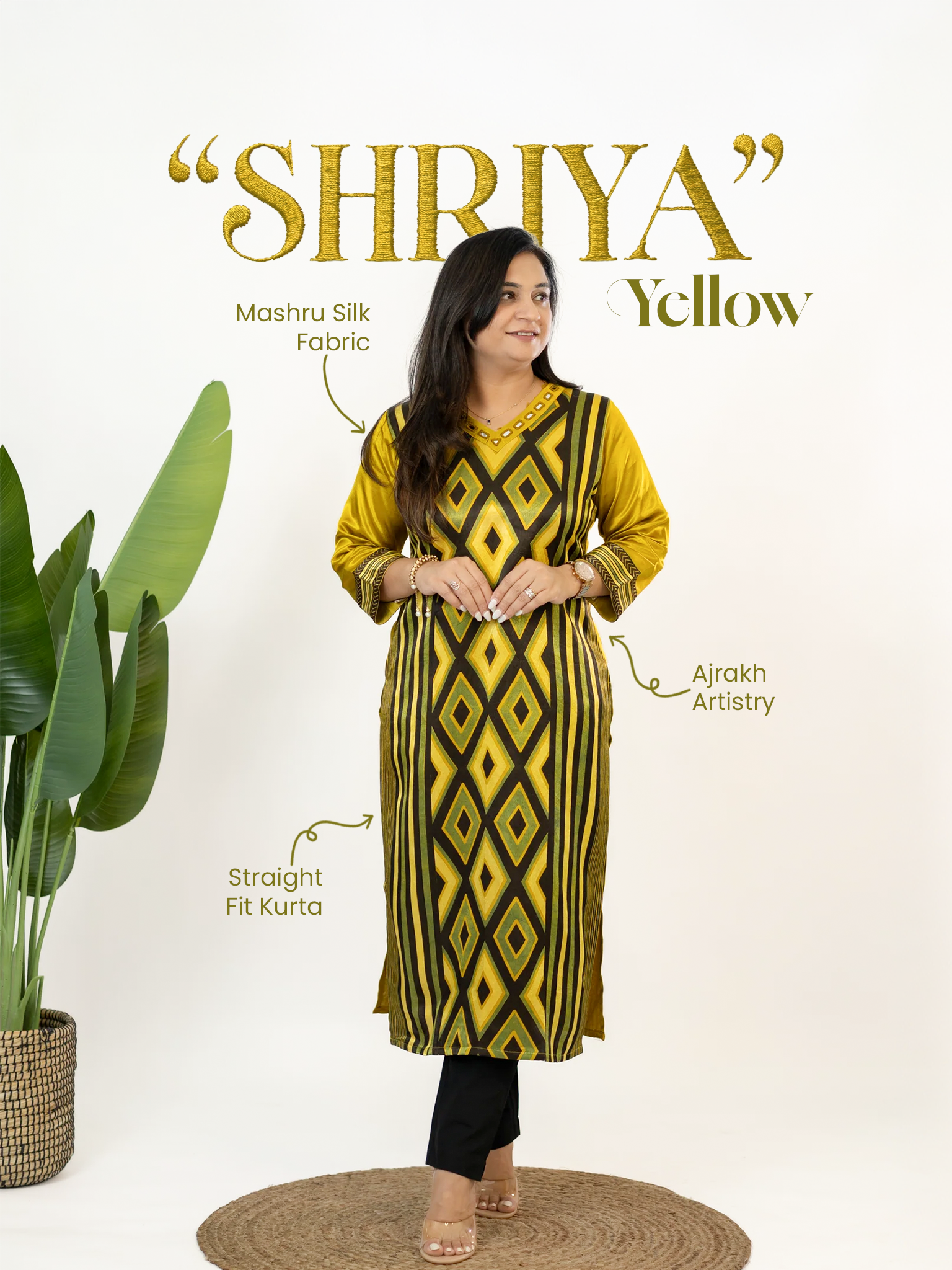 Shriya Yellow Designer Mashru Silk Ajrakh Embroidered Kurta