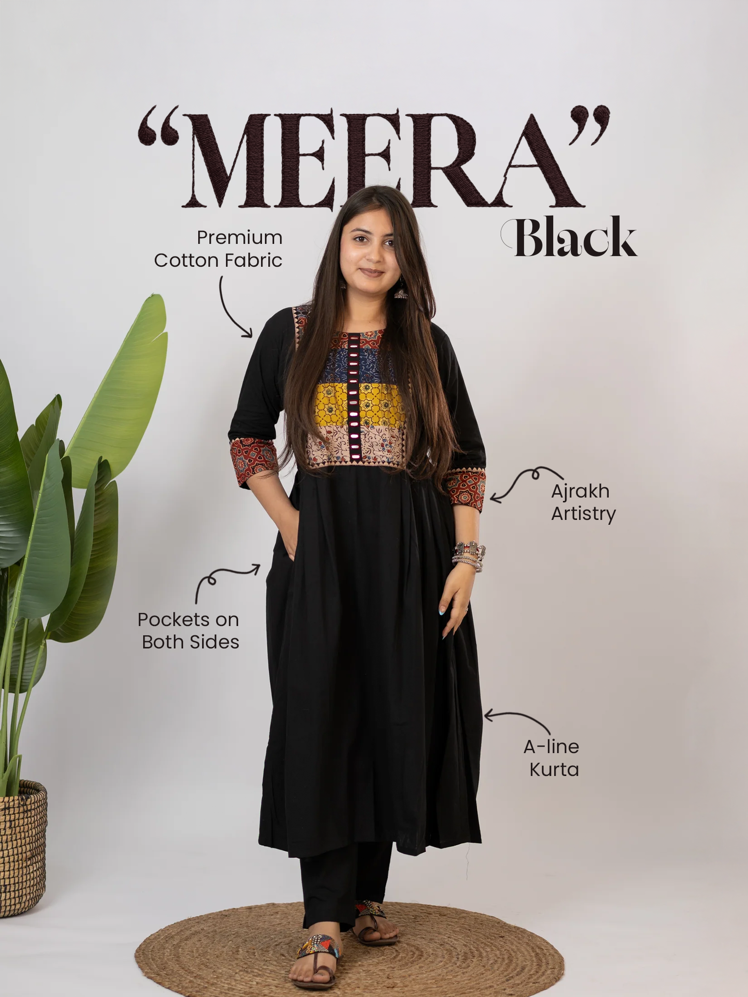 Meera Black Cotton Ajrakh Embroidered A-line Kurta