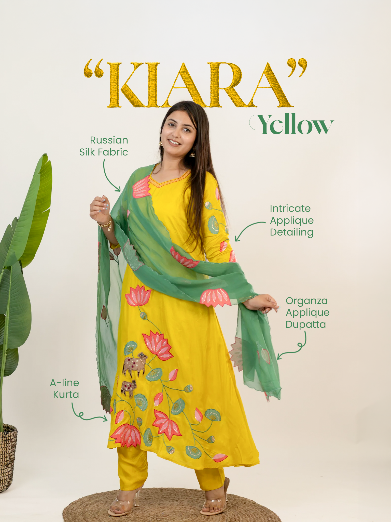Kiara Yellow Russian Silk A-line Applique Deatiled Dupatta Set