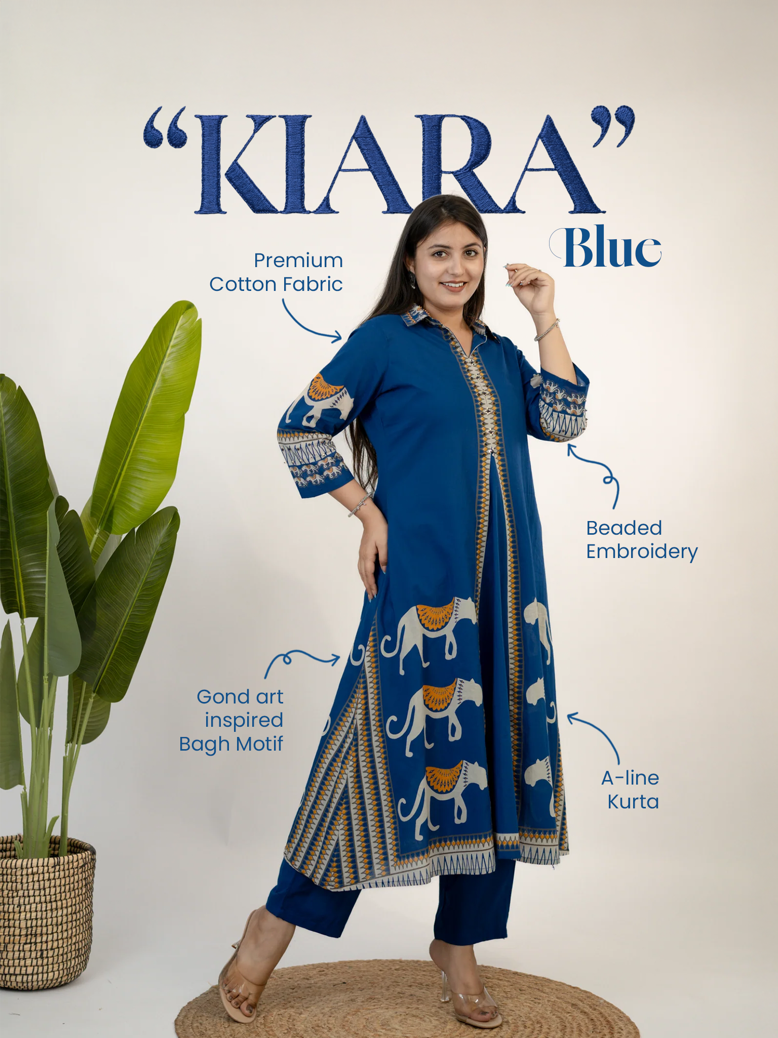 Kiara Blue Tribal Bagh Cotton BeadWork Kurta Set