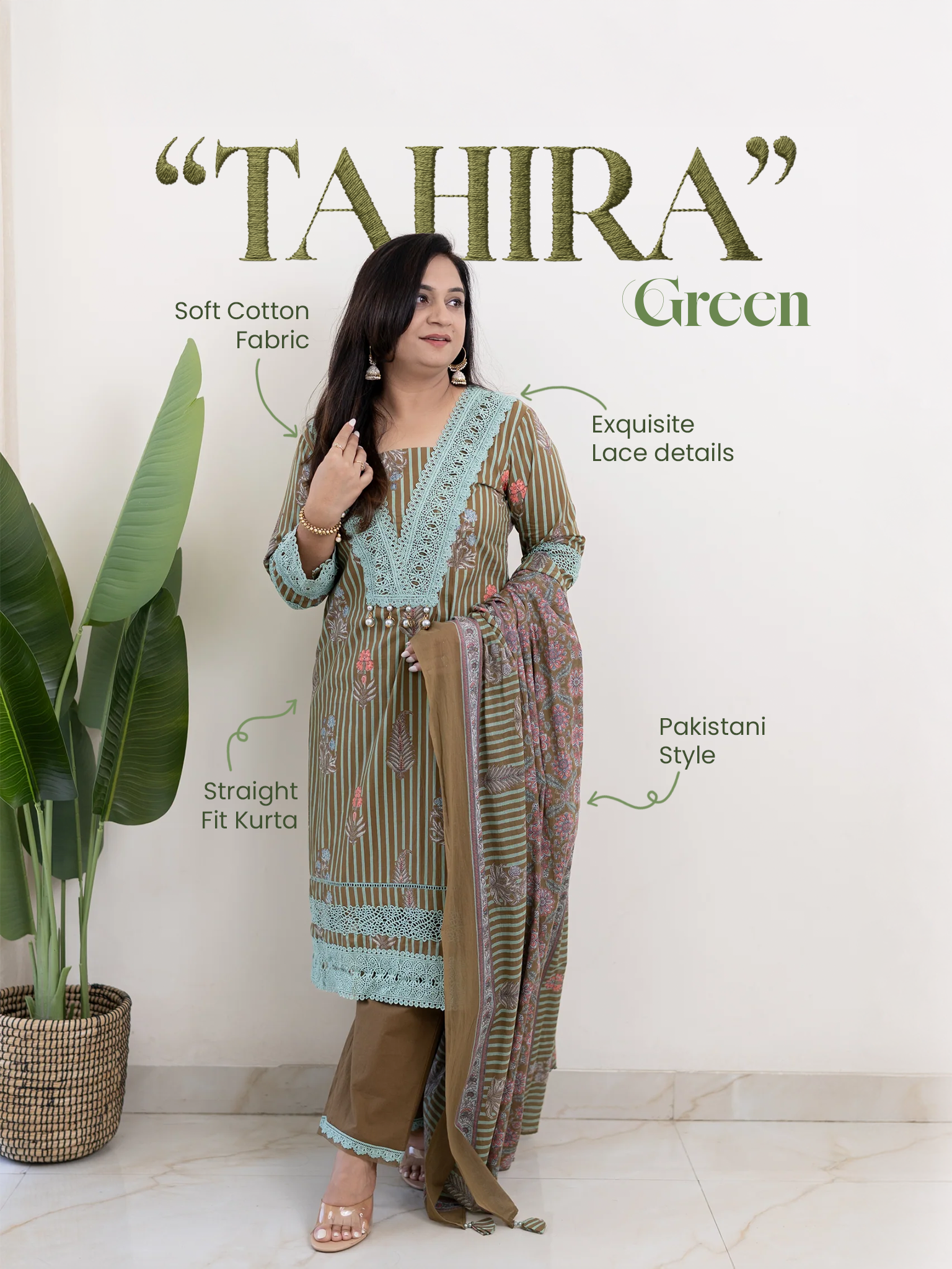Tahira Green Striped Cotton Lace Detailed Dupatta Set