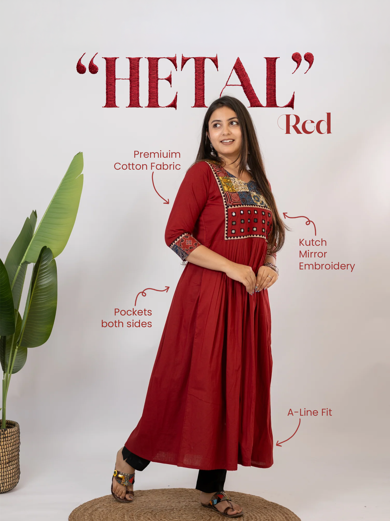 Hetal Red Cotton Ajrakh Embroidered A-line Kurta