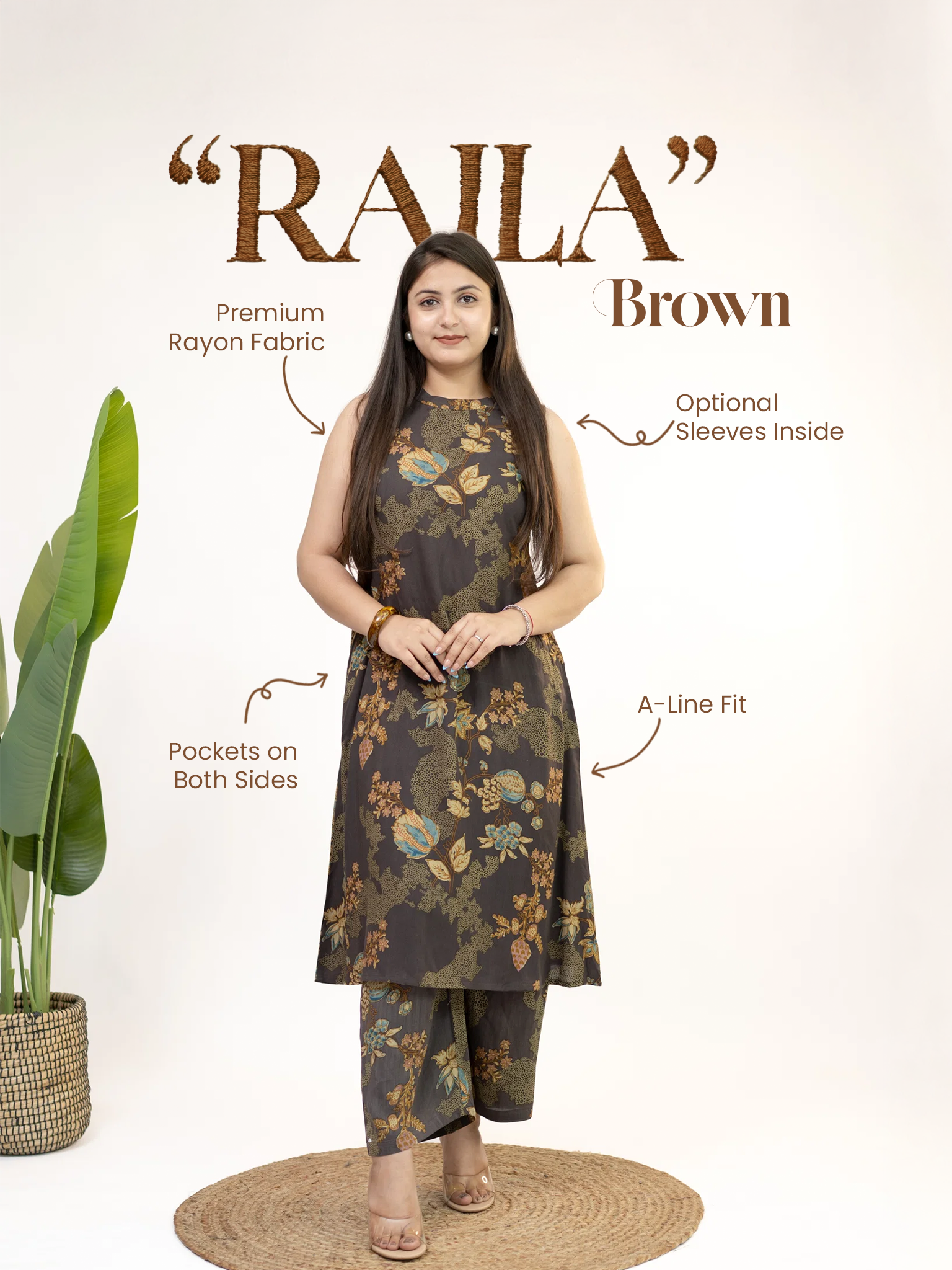 Raila Brown Floral Rayon A-line Coord Set
