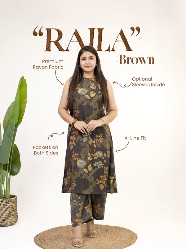 Raila Brown Floral Rayon A-line Coord Set