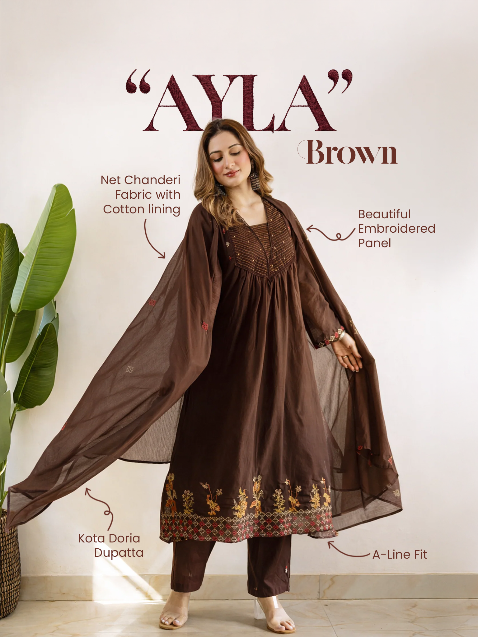 Ayla Brown Kota Doria Embroidered A-line Dupatta Set