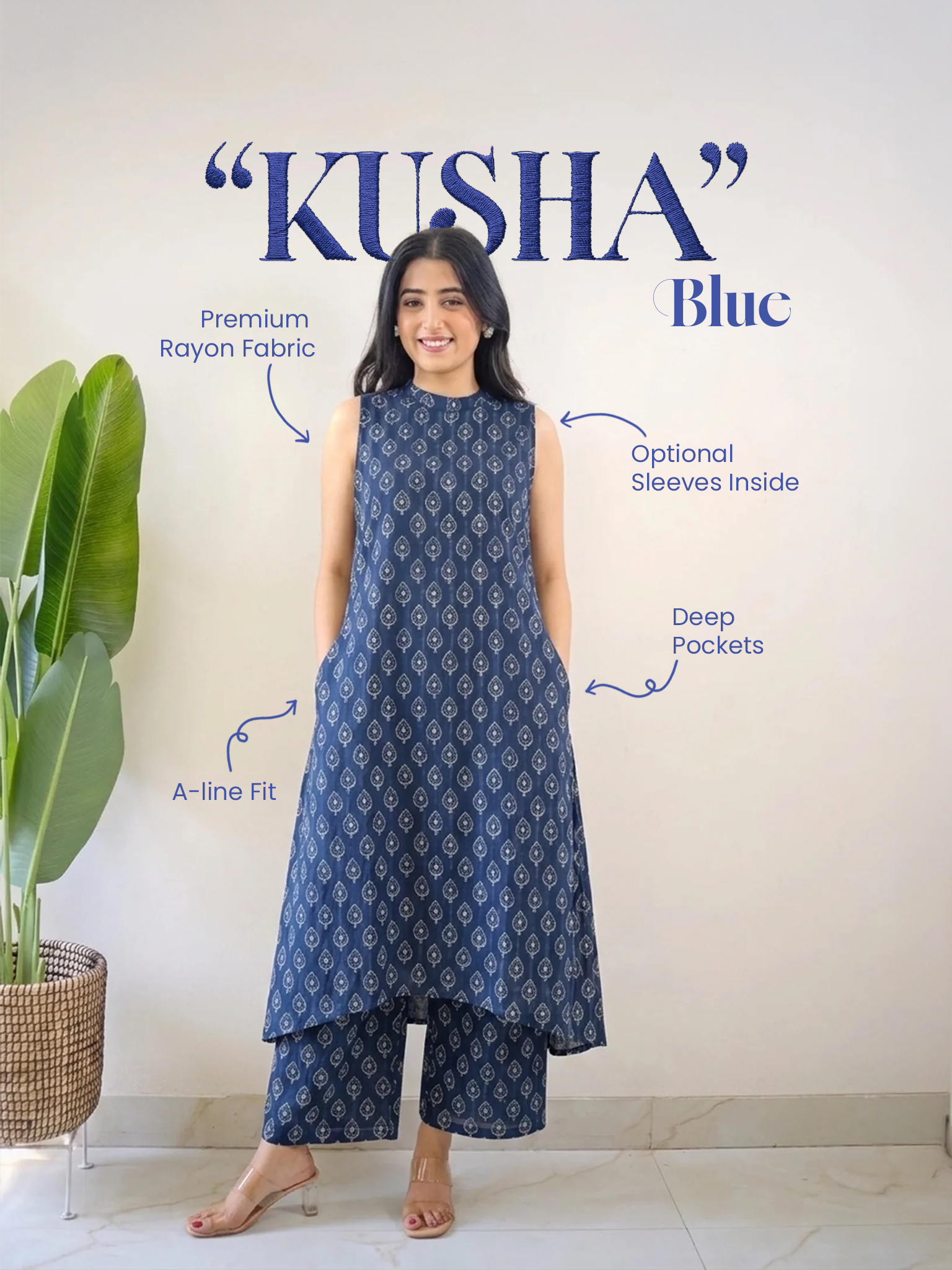 Kusha Blue Indigo Rayon A-line Coord Set
