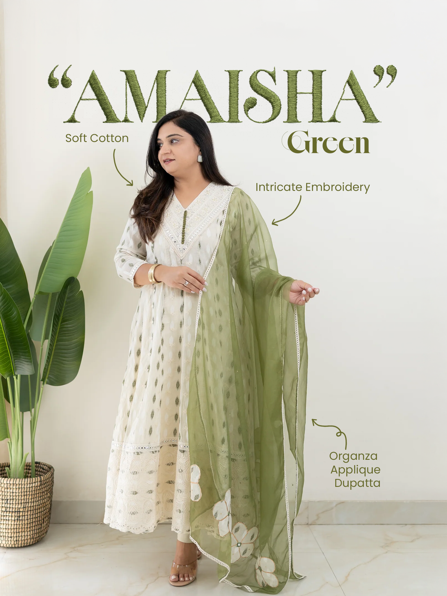 Amaisha Green Cotton Embroidered Anarkali with Applique Dupatta Set
