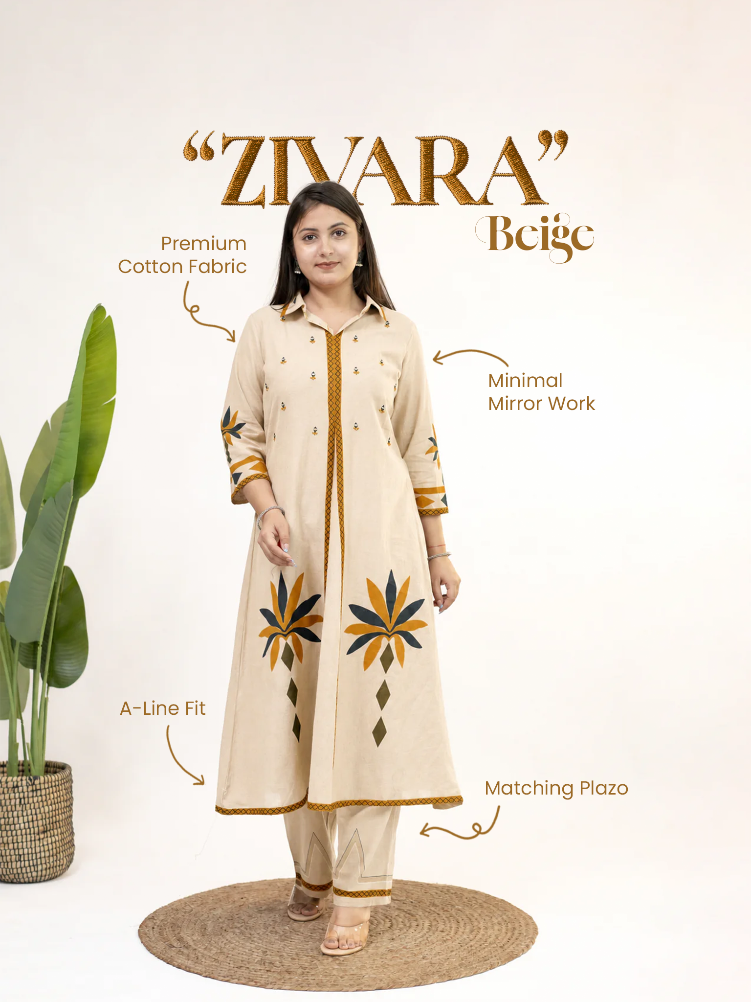 Zivara Beige Floral Mirror Work A-line Kurta Set