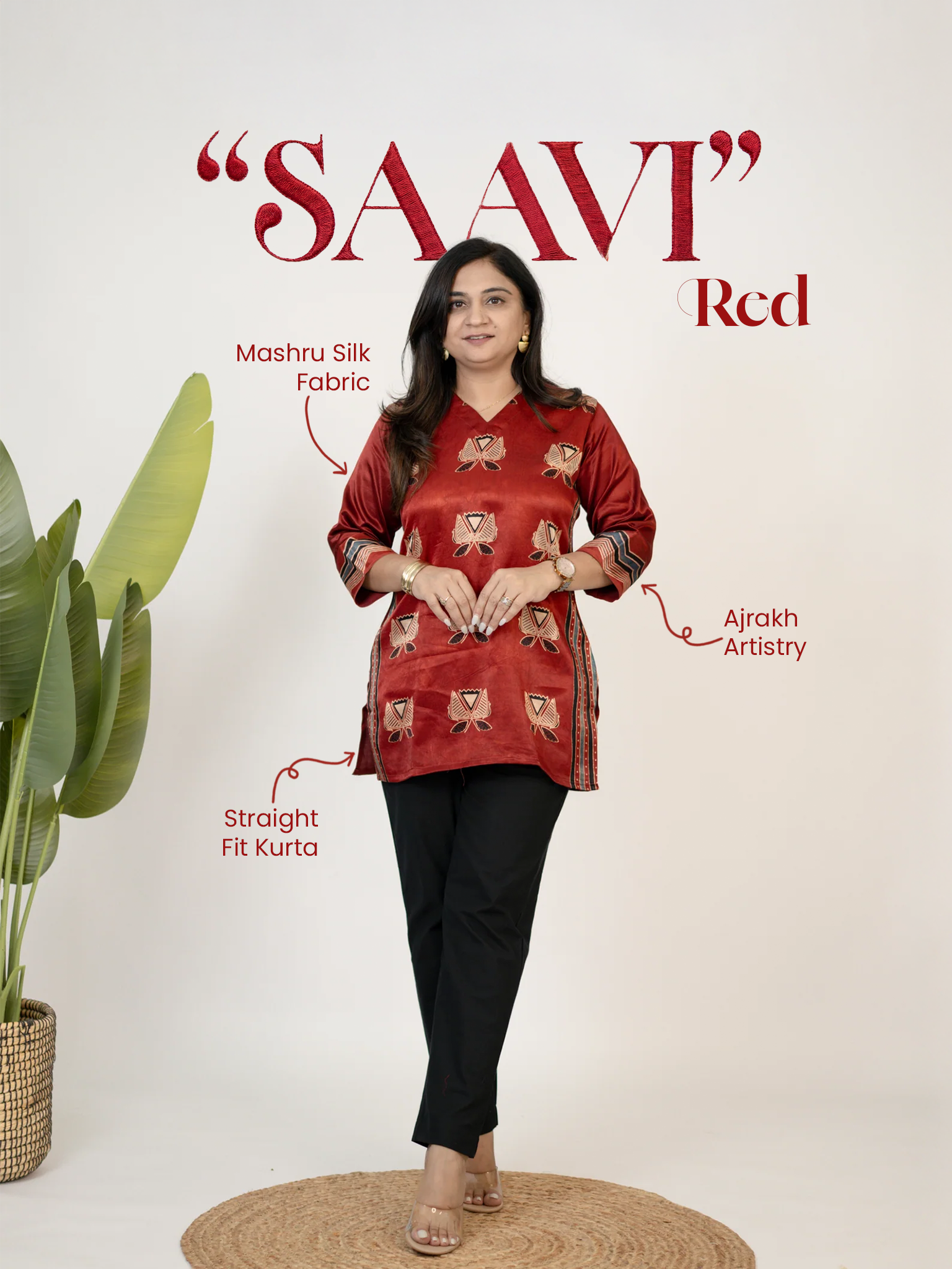 Saavi Red Designer Mashru Silk Ajrakh Short Top