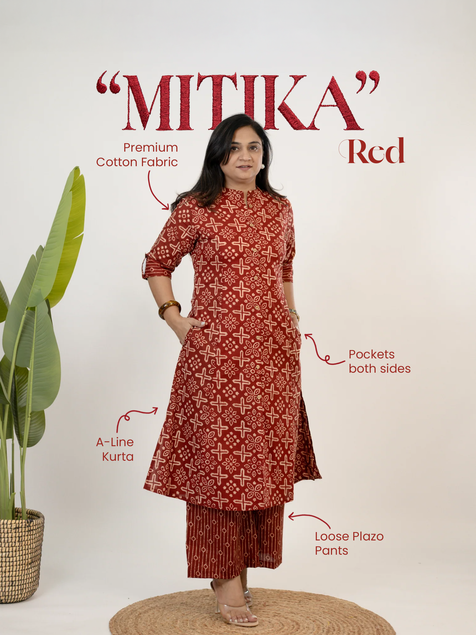 Mitika Red Cotton A-line Cotton Kurta Set