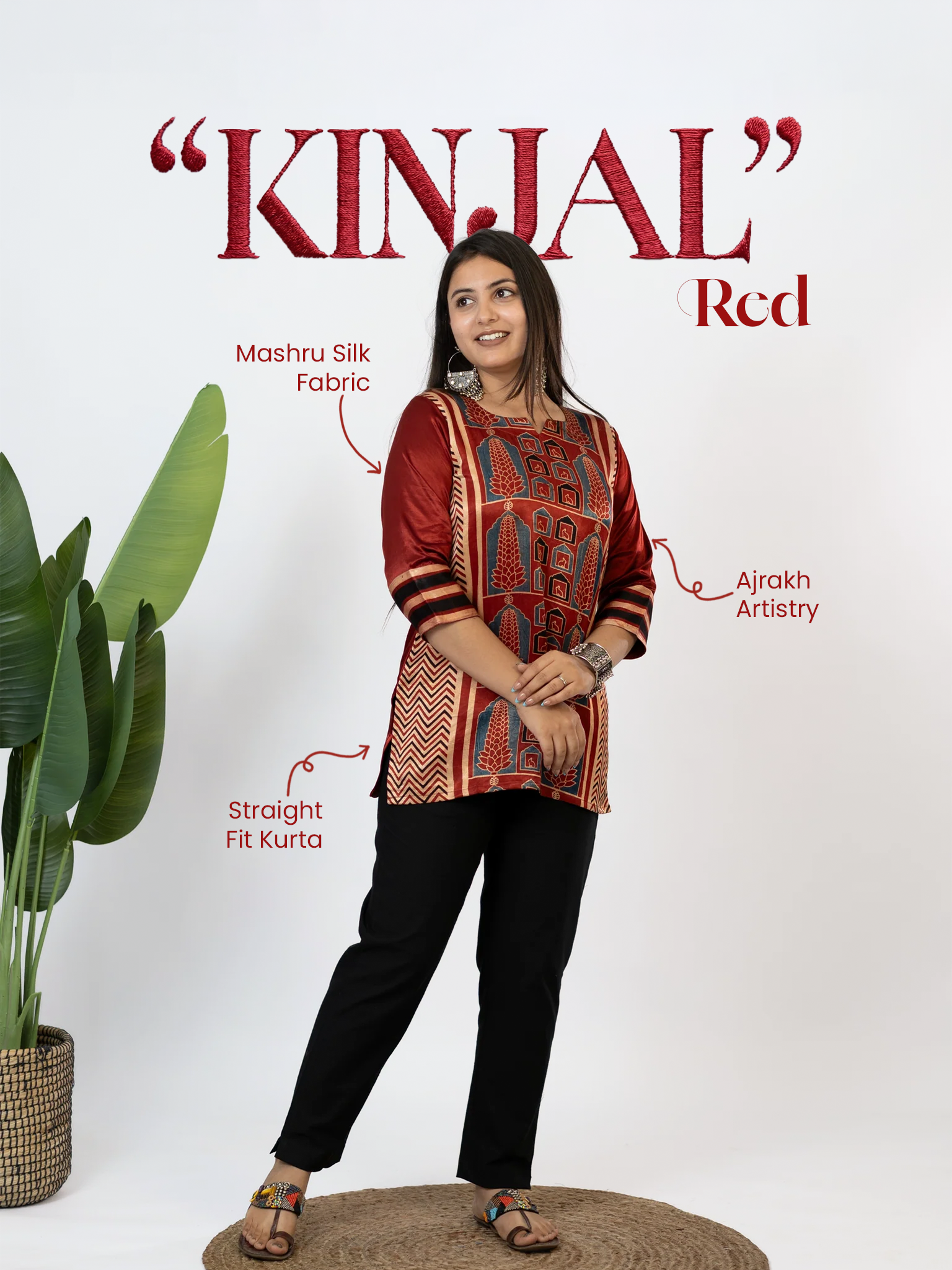 Kinjal Red Designer Mashru Silk Ajrakh Short Top