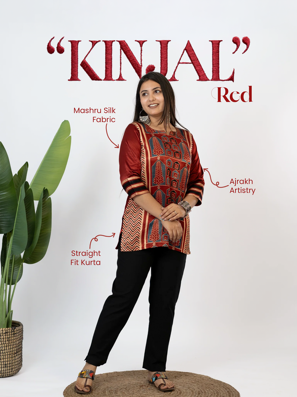 Kinjal Red Designer Mashru Silk Ajrakh Short Top