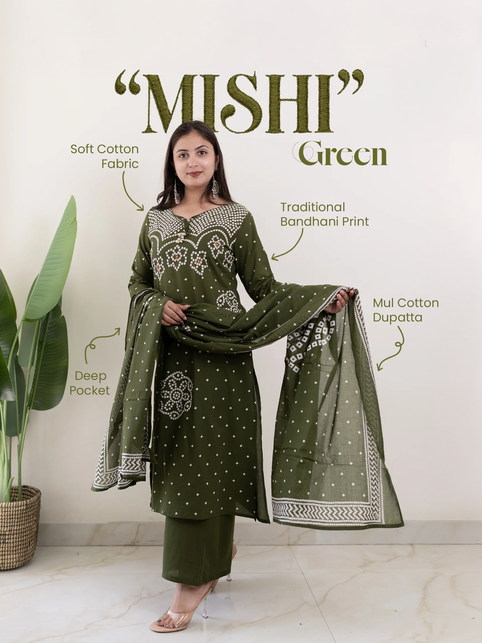 Mishi Green Cotton Bandhani Straight Dupatta Set