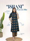Ishani Peacock Blue Cotton A-line Kurta Set
