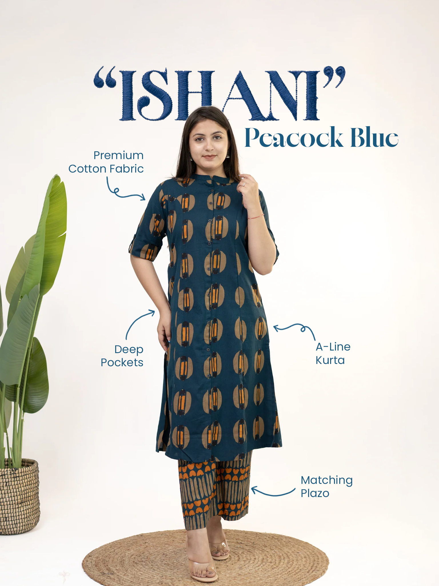 Ishani Peacock Blue Cotton A-line Kurta Set