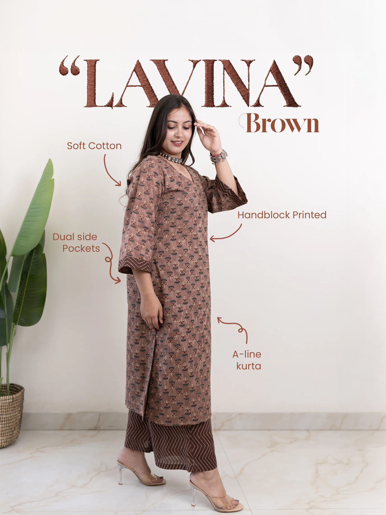 Lavina Brown Cotton A-line Kurta Set