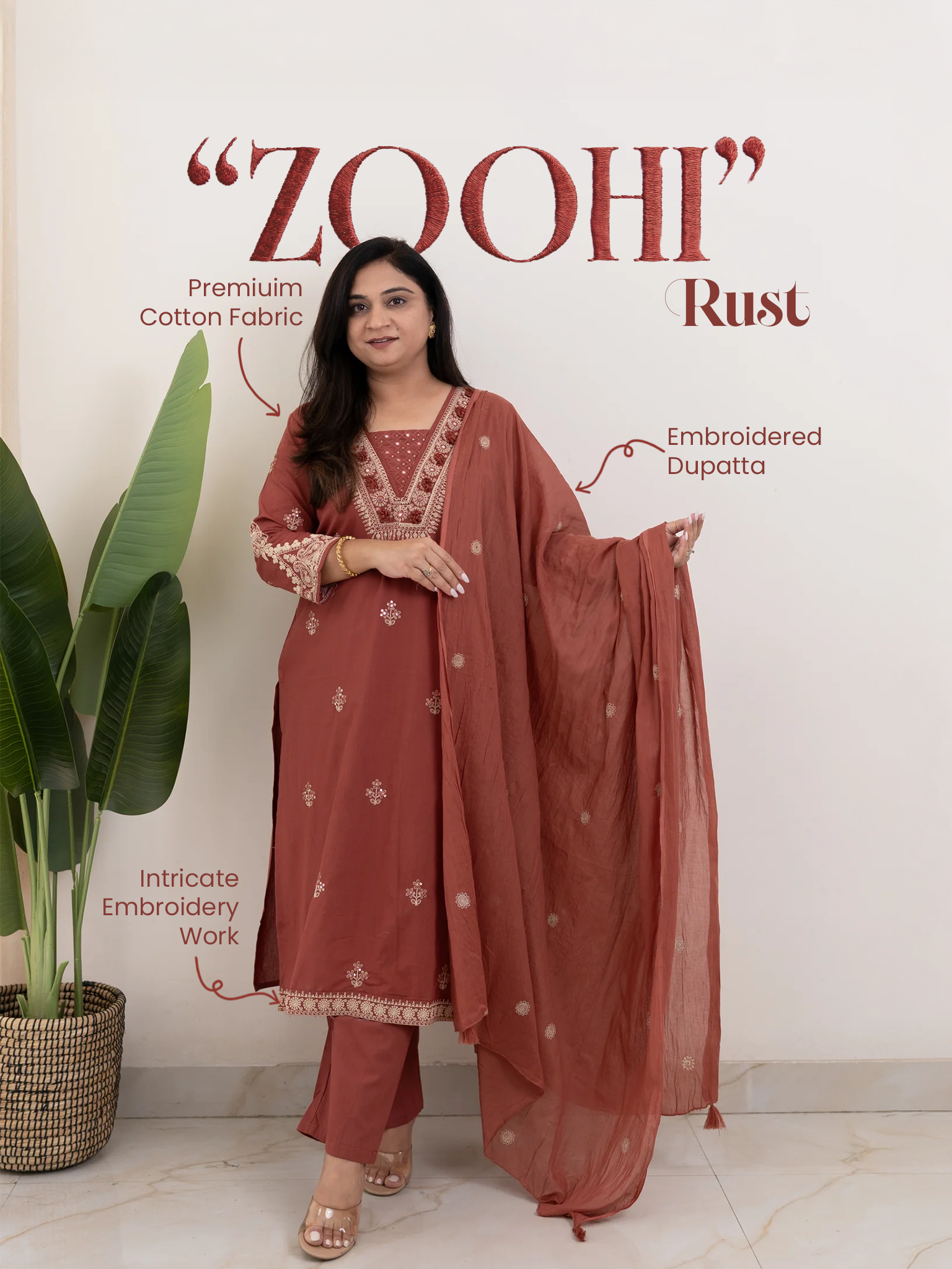 Zoohi Rust Cotton Embroidered Straight Dupatta Set
