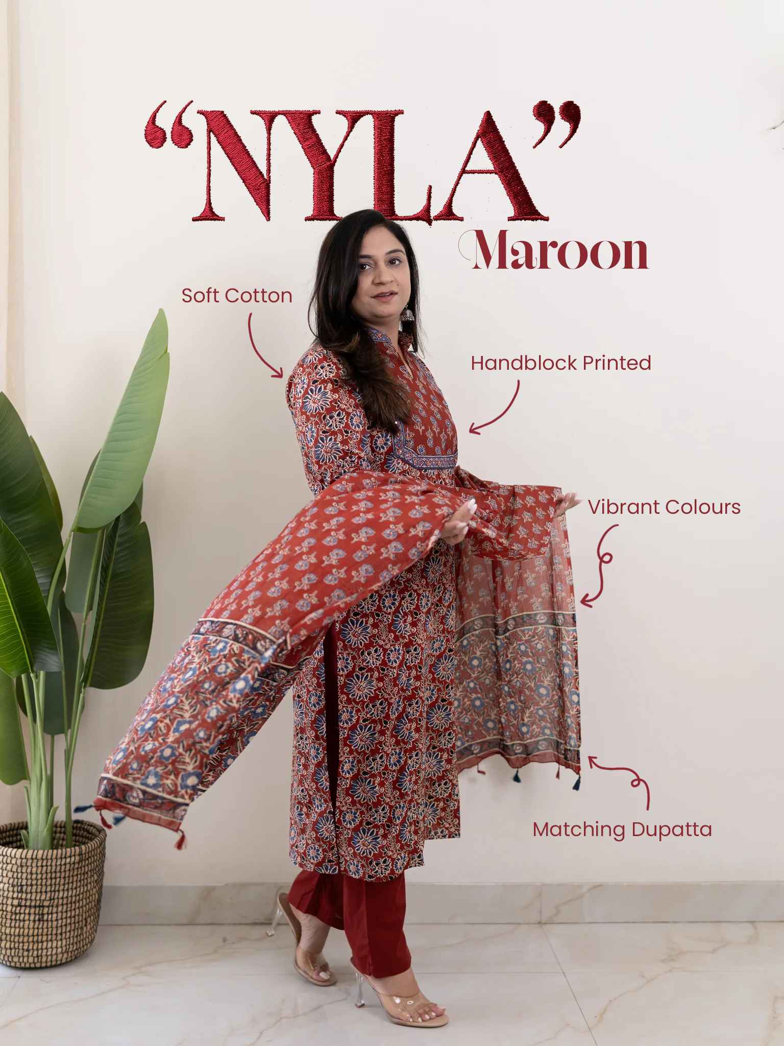 Nyla Handblock Cotton Embroidered Dupatta Set