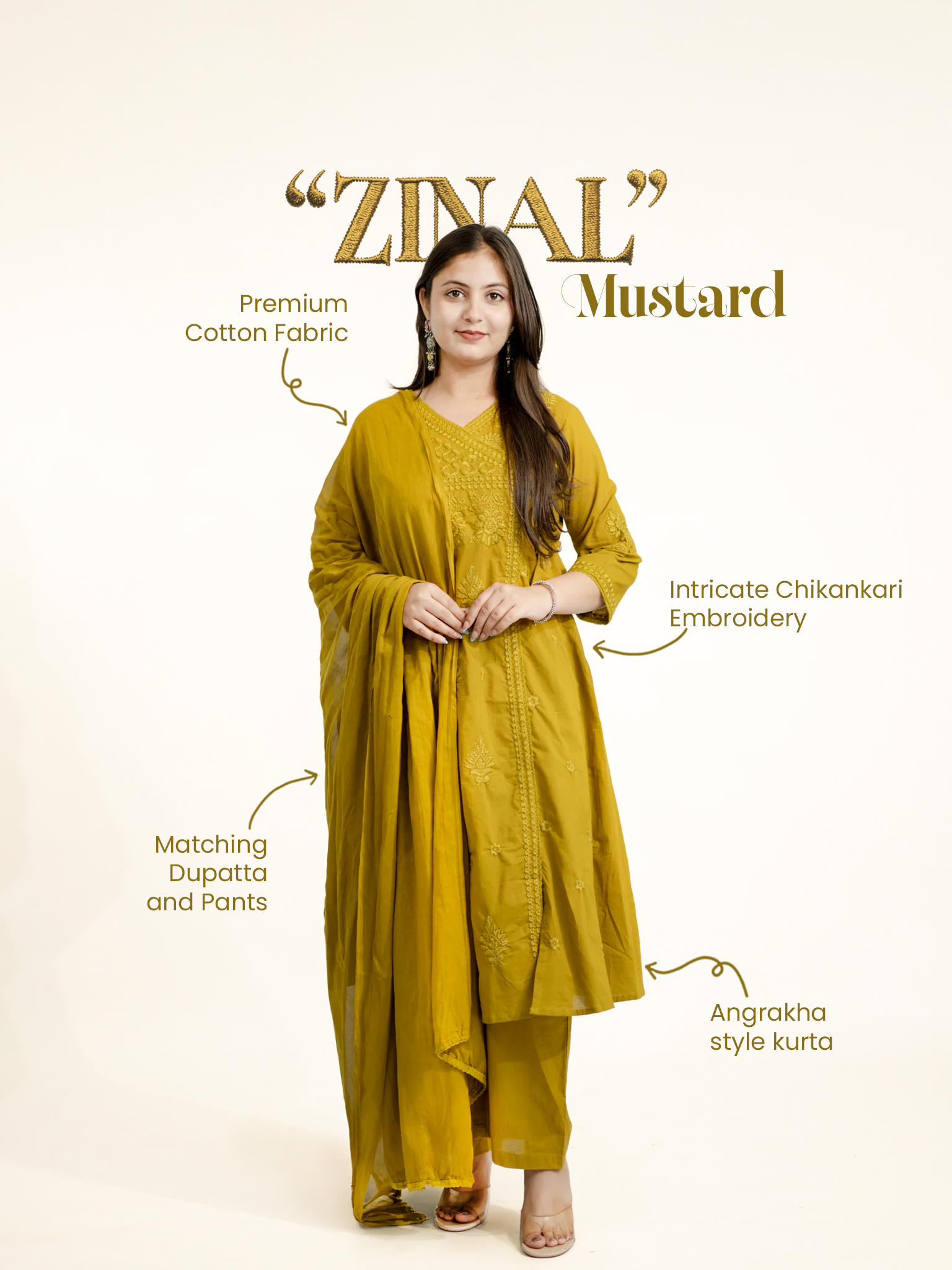 Zinal Mustard Cotton Chikankari Embroidered Angrakha Dupatta Set