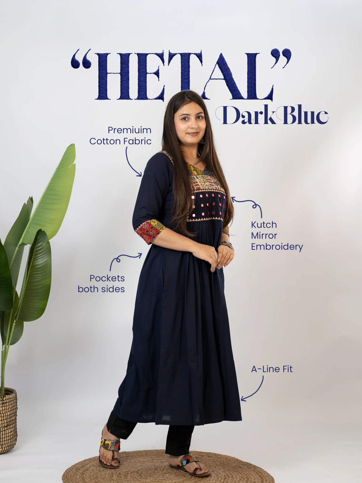 Hetal Blue Cotton Ajrakh Embroidered A-line Kurta