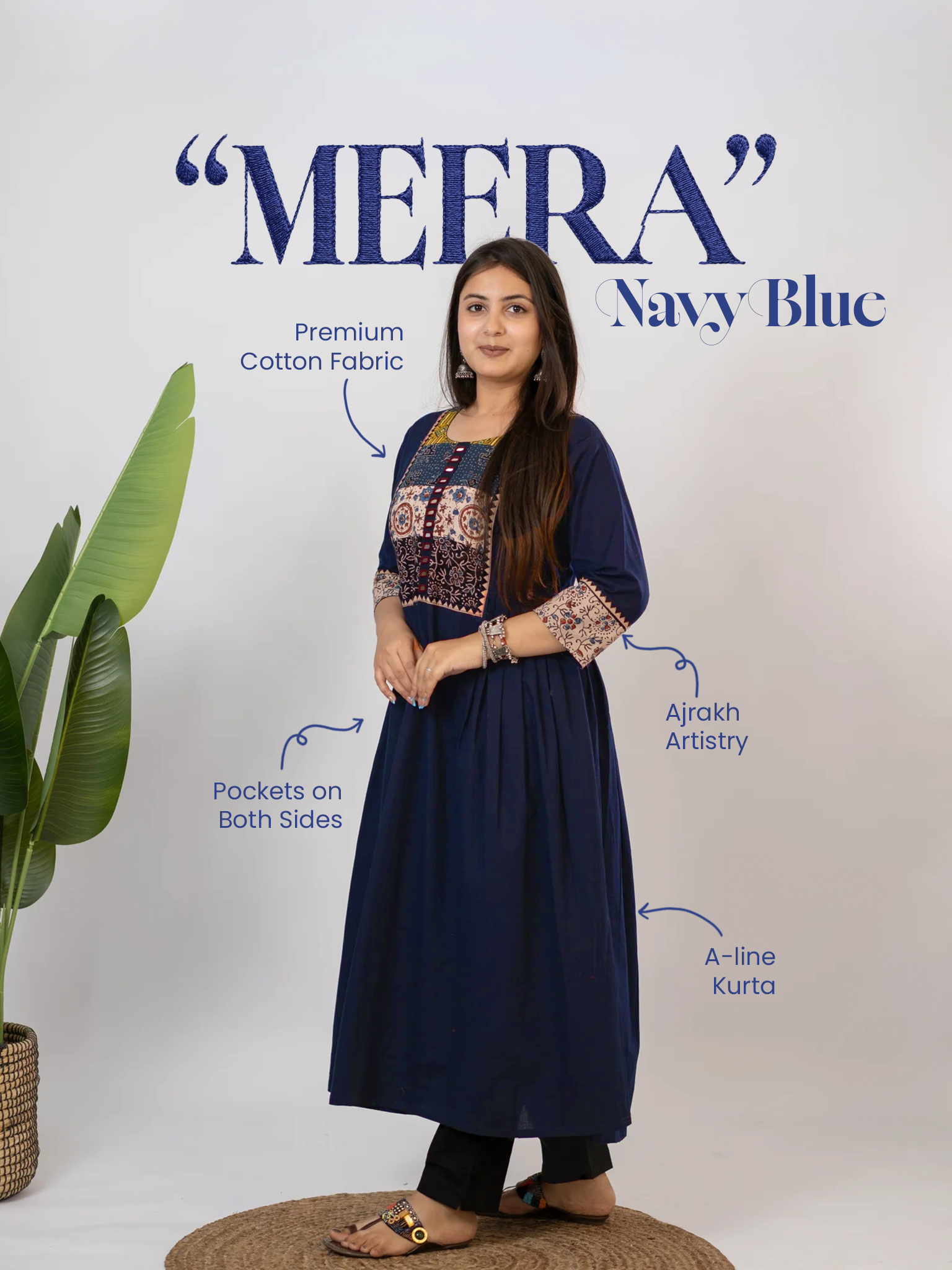 Meera Blue Cotton Ajrakh Embroidered A-line Kurta