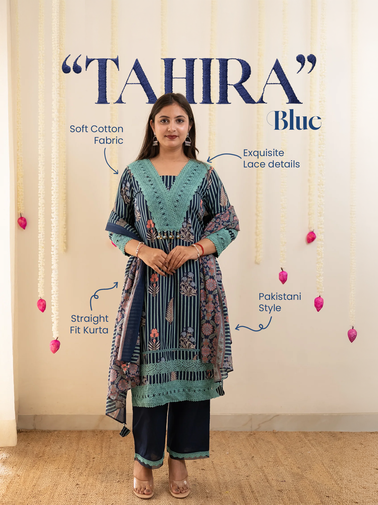 Tahira Blue Striped Cotton Lace Detailed Dupatta Set
